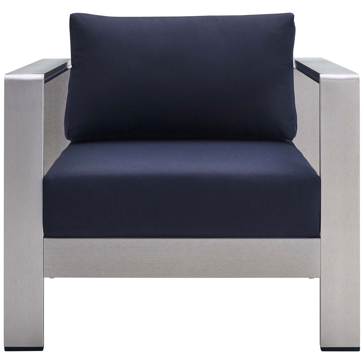 Shore Sunbrella(r) armchair pairs brushed aluminum with bold navy cushions for striking style || EEI-4225-SLV-NAV || front_studio