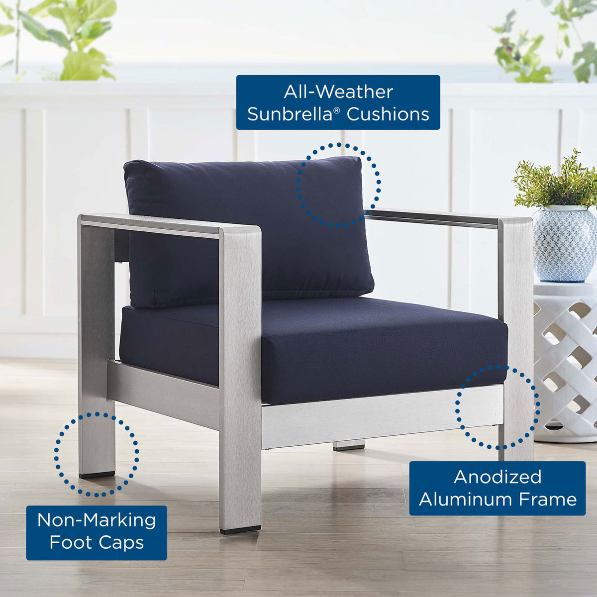 Graphic callouts spotlight all-weather Sunbrella(r) cushions, anodized frame, and foot caps || EEI-4225-SLV-NAV || callout_room