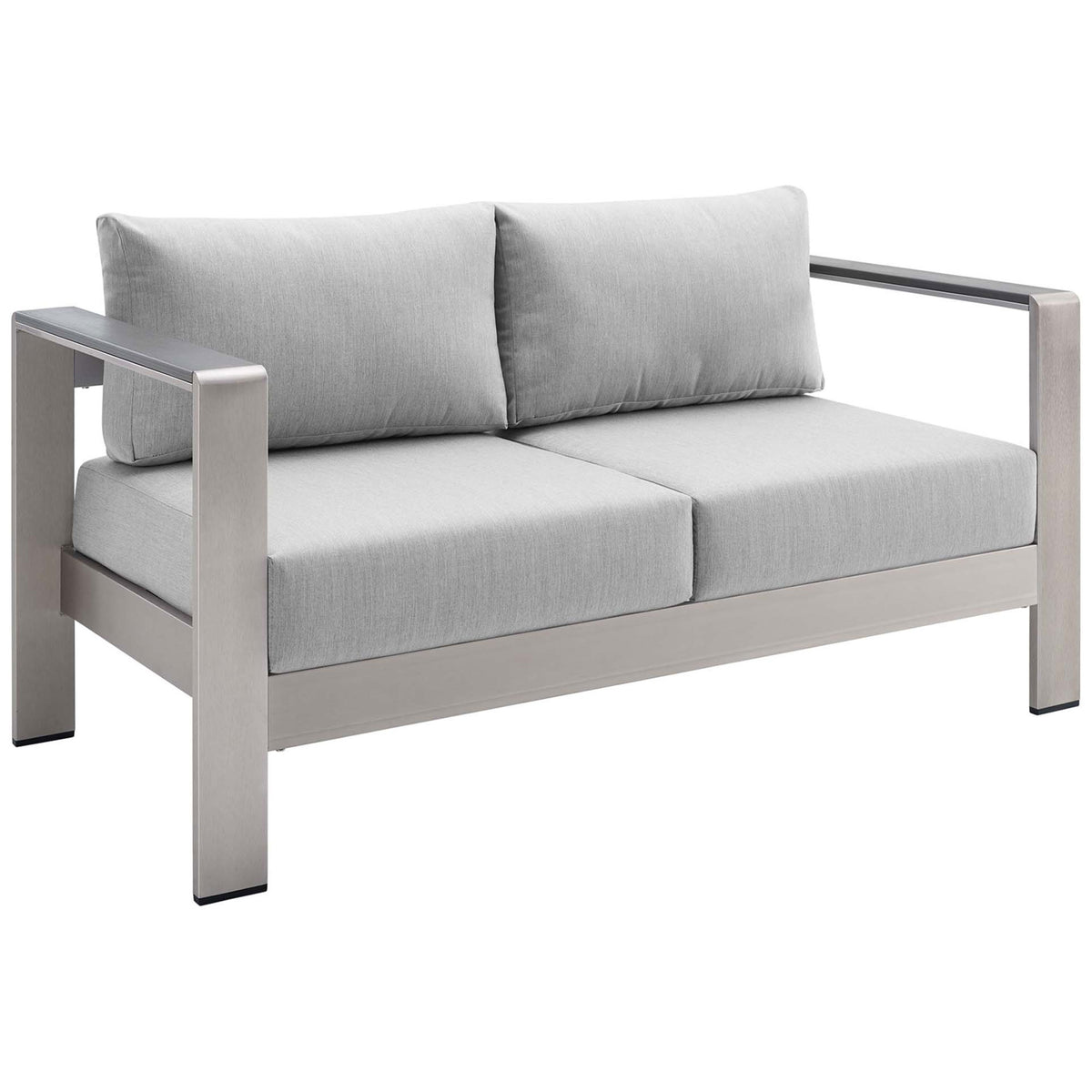 Angled view of silver aluminum loveseat with plush light gray Sunbrella cushions and wide arms || EEI-4226-SLV-GRY || front_angle_studio