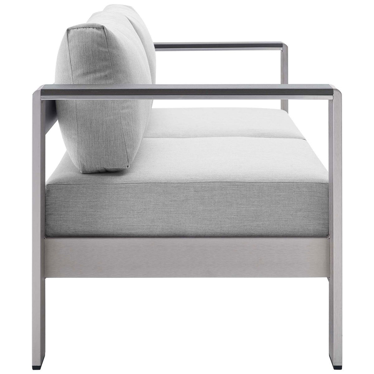 Side profile of modern aluminum loveseat highlighting slim armrests and deep light gray cushions || EEI-4226-SLV-GRY || side_studio