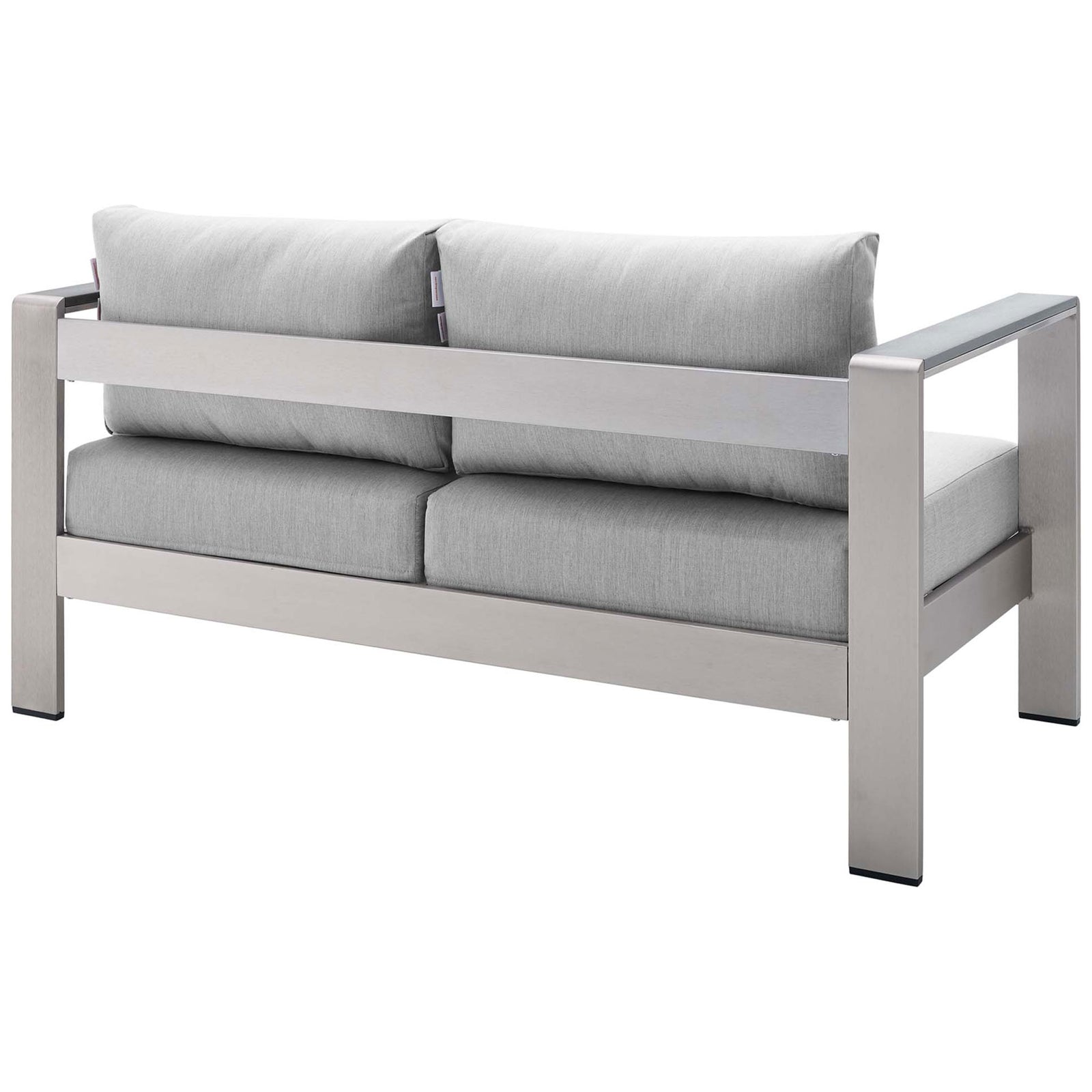 Back view of streamlined aluminum loveseat with double seat and back cushions in soft gray || EEI-4226-SLV-GRY || back_angle_studio
