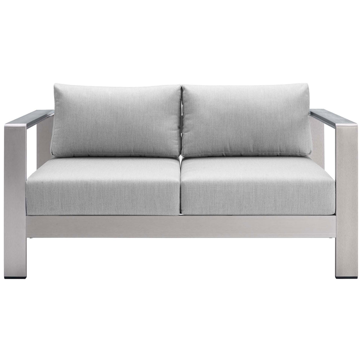 Light gray Sunbrella cushioned aluminum loveseat with crisp lines for modern outdoor seating || EEI-4226-SLV-GRY || front_studio