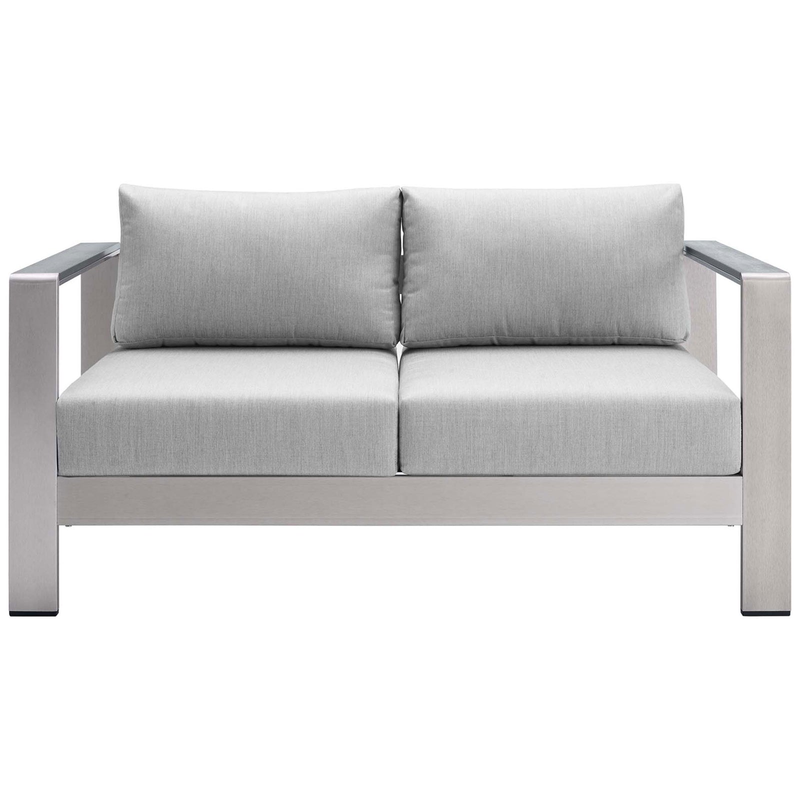 Light gray Sunbrella cushioned aluminum loveseat with crisp lines for modern outdoor seating || EEI-4226-SLV-GRY || front_studio
