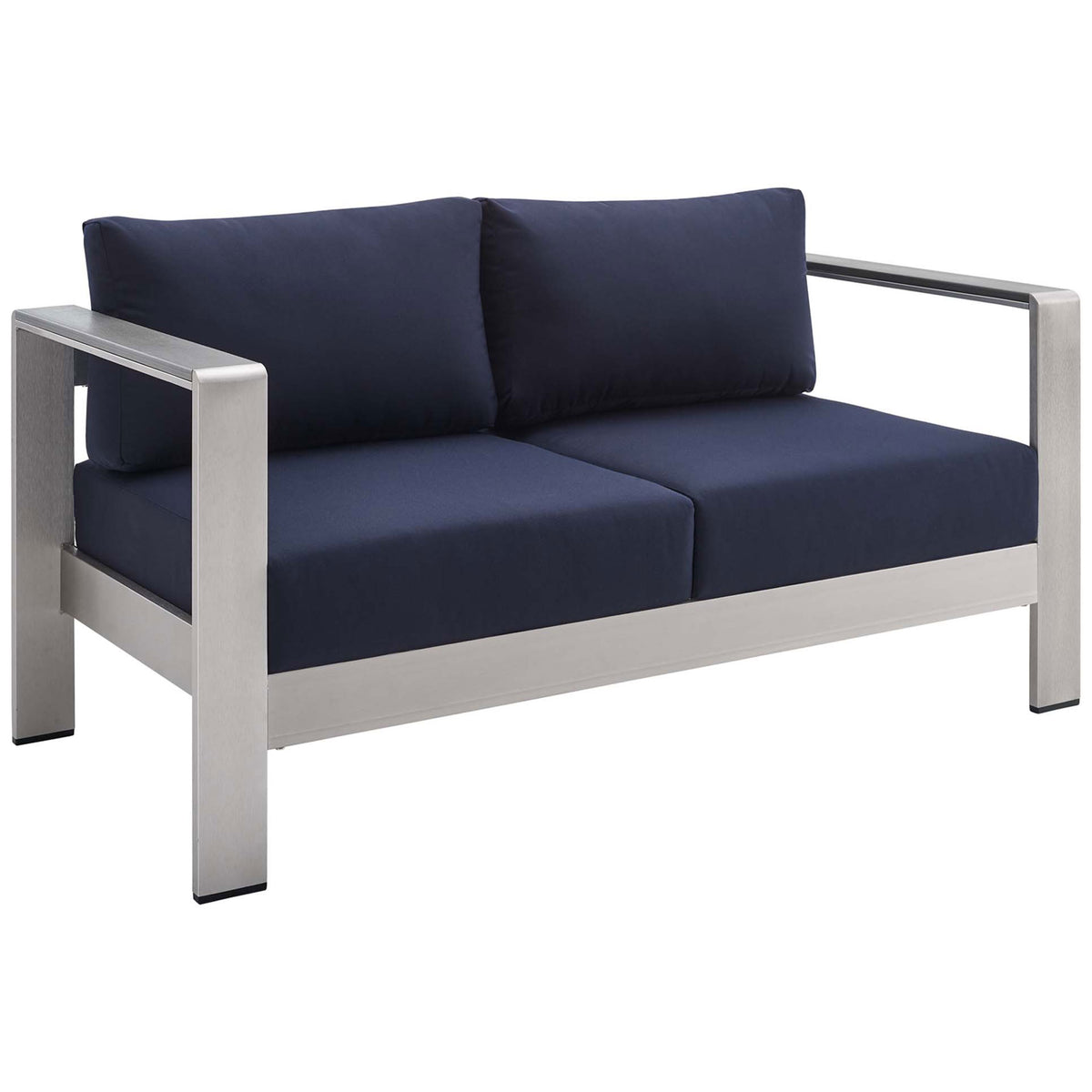 Angled view of silver aluminum loveseat with plush navy Sunbrella cushions and wide arms || EEI-4226-SLV-NAV || front_angle_studio