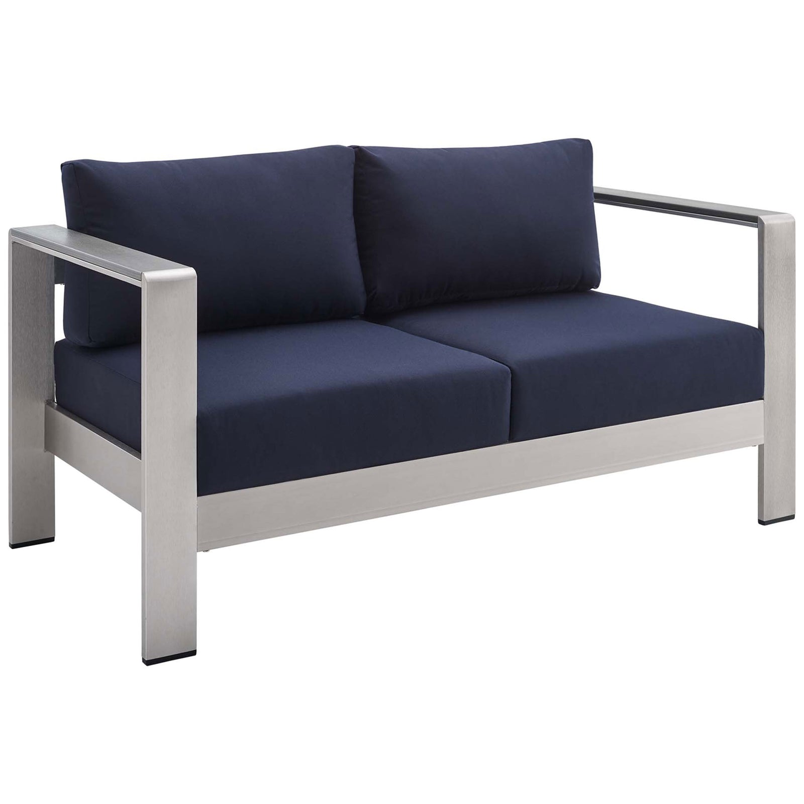 Angled view of silver aluminum loveseat with plush navy Sunbrella cushions and wide arms || EEI-4226-SLV-NAV || front_angle_studio