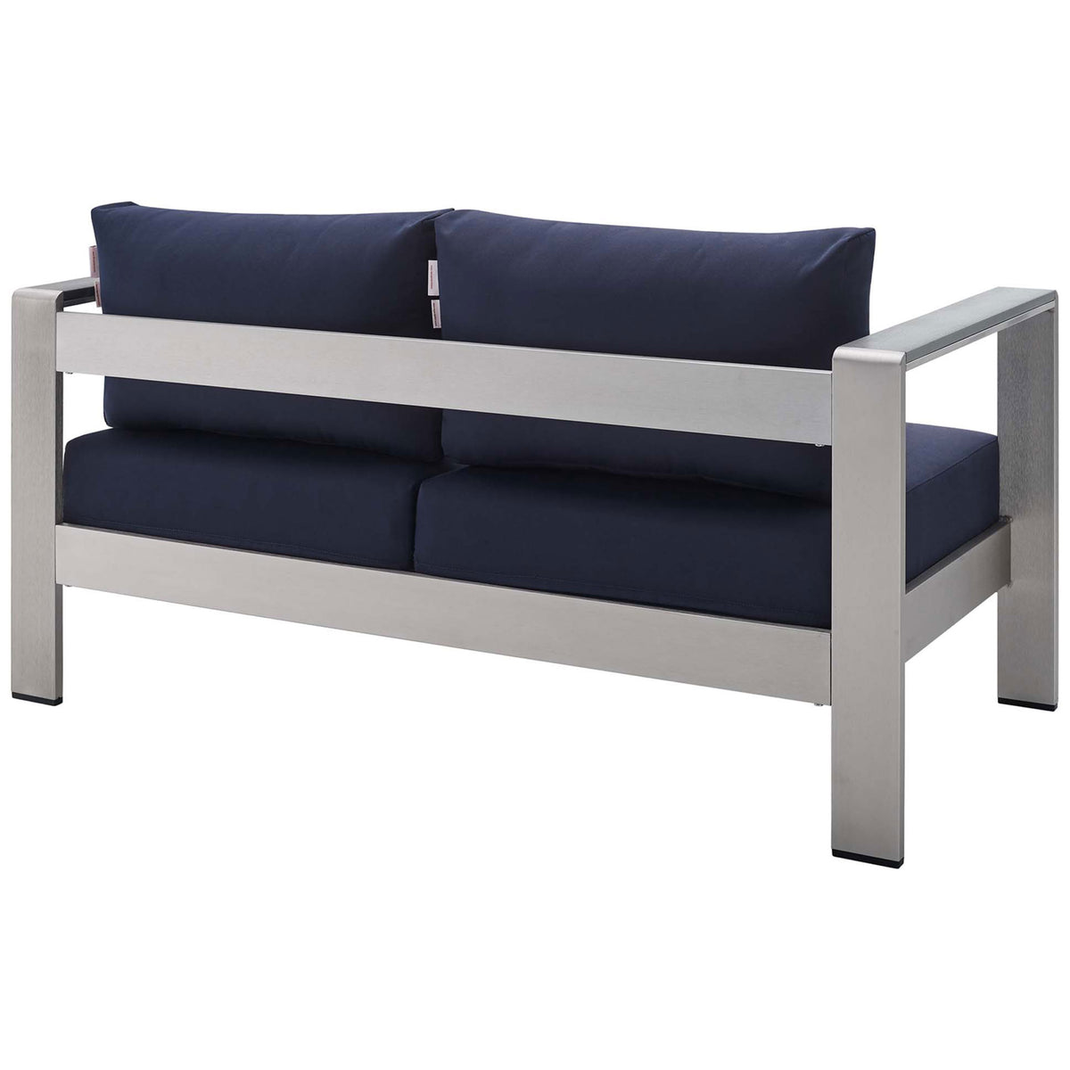 Back view of streamlined aluminum loveseat with supportive navy cushions and sleek frame || EEI-4226-SLV-NAV || back_angle_studio