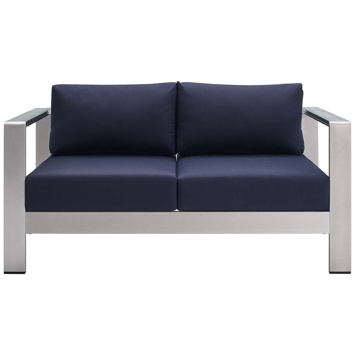Navy Sunbrella cushioned aluminum loveseat with clean lines for stylish modern outdoor seating || EEI-4226-SLV-NAV || front_studio