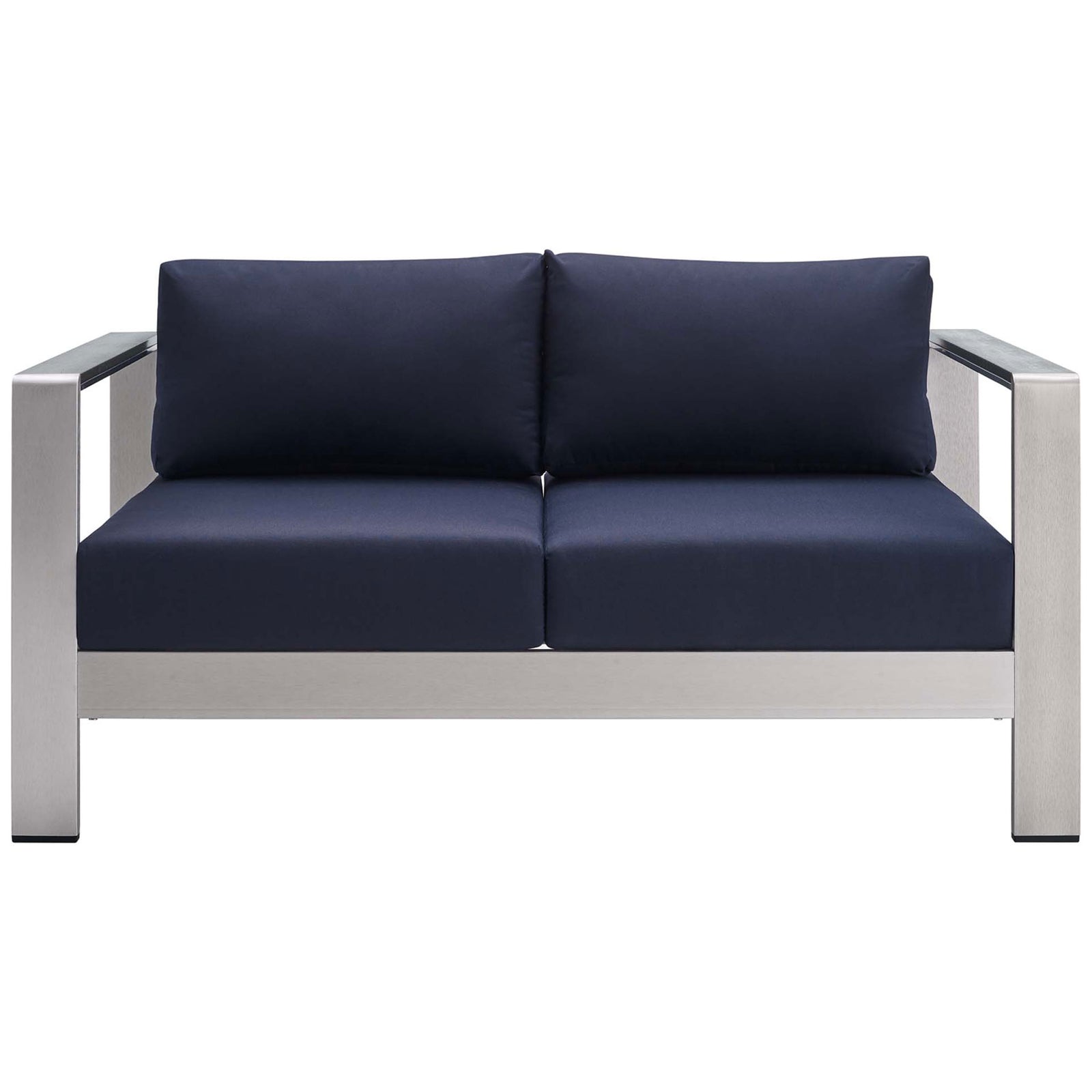 Navy Sunbrella cushioned aluminum loveseat with clean lines for stylish modern outdoor seating || EEI-4226-SLV-NAV || front_studio