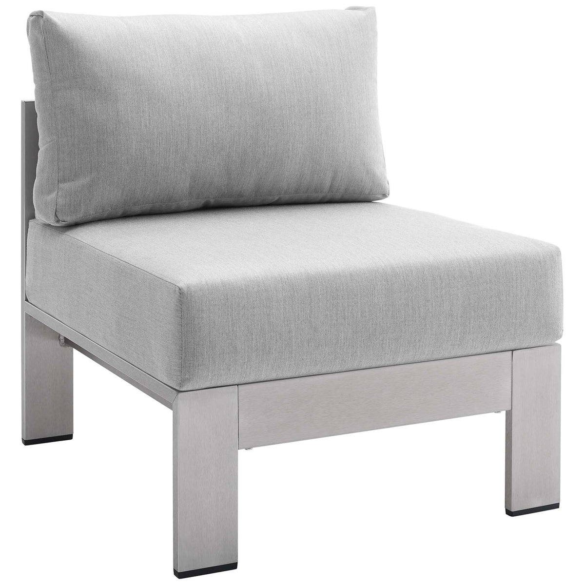 Silver gray Sunbrella(r) armless chair with thick cushions for modern modular outdoor seating || EEI-4227-SLV-GRY || front_angle_studio