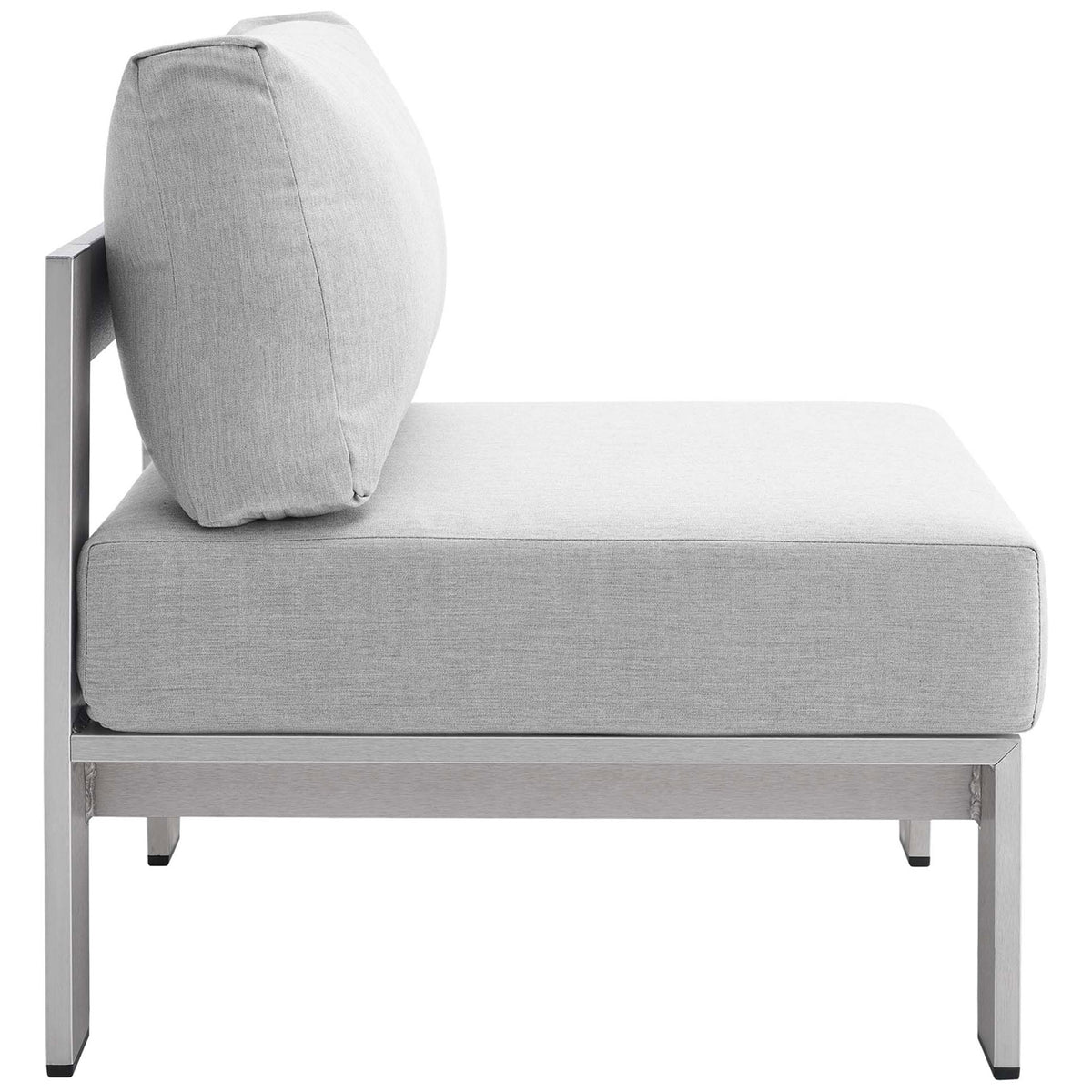 Long, cushioned seat and supportive backrest create a lounge-worthy Sunbrella(r) armless chair || EEI-4227-SLV-GRY || side_studio