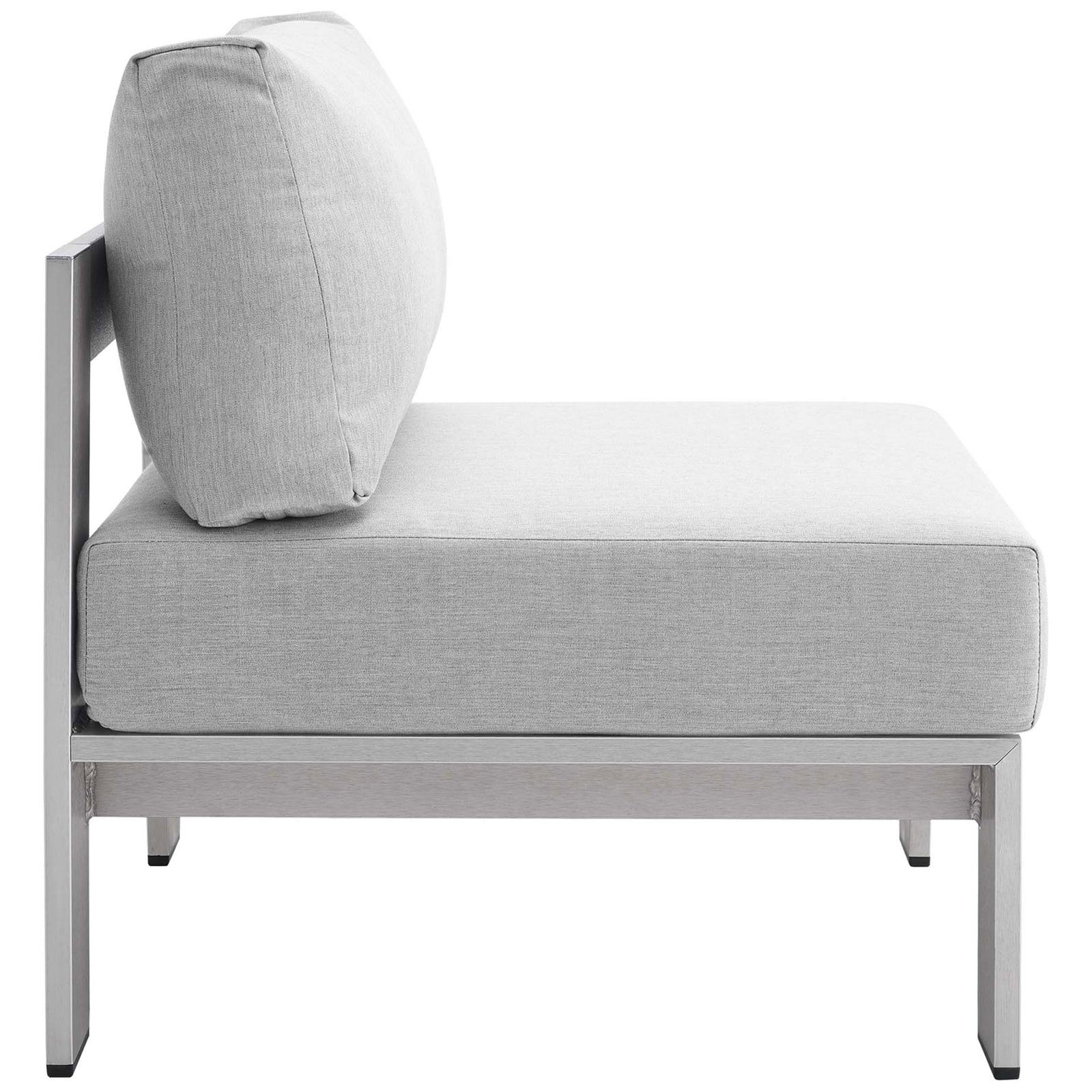Long, cushioned seat and supportive backrest create a lounge-worthy Sunbrella(r) armless chair || EEI-4227-SLV-GRY || side_studio