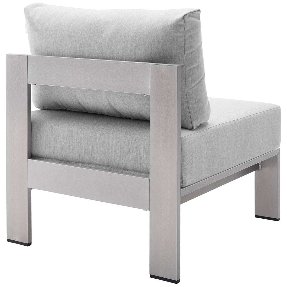 Sturdy back rail and layered cushions show the durable construction of this armless patio piece || EEI-4227-SLV-GRY || back_angle_studio