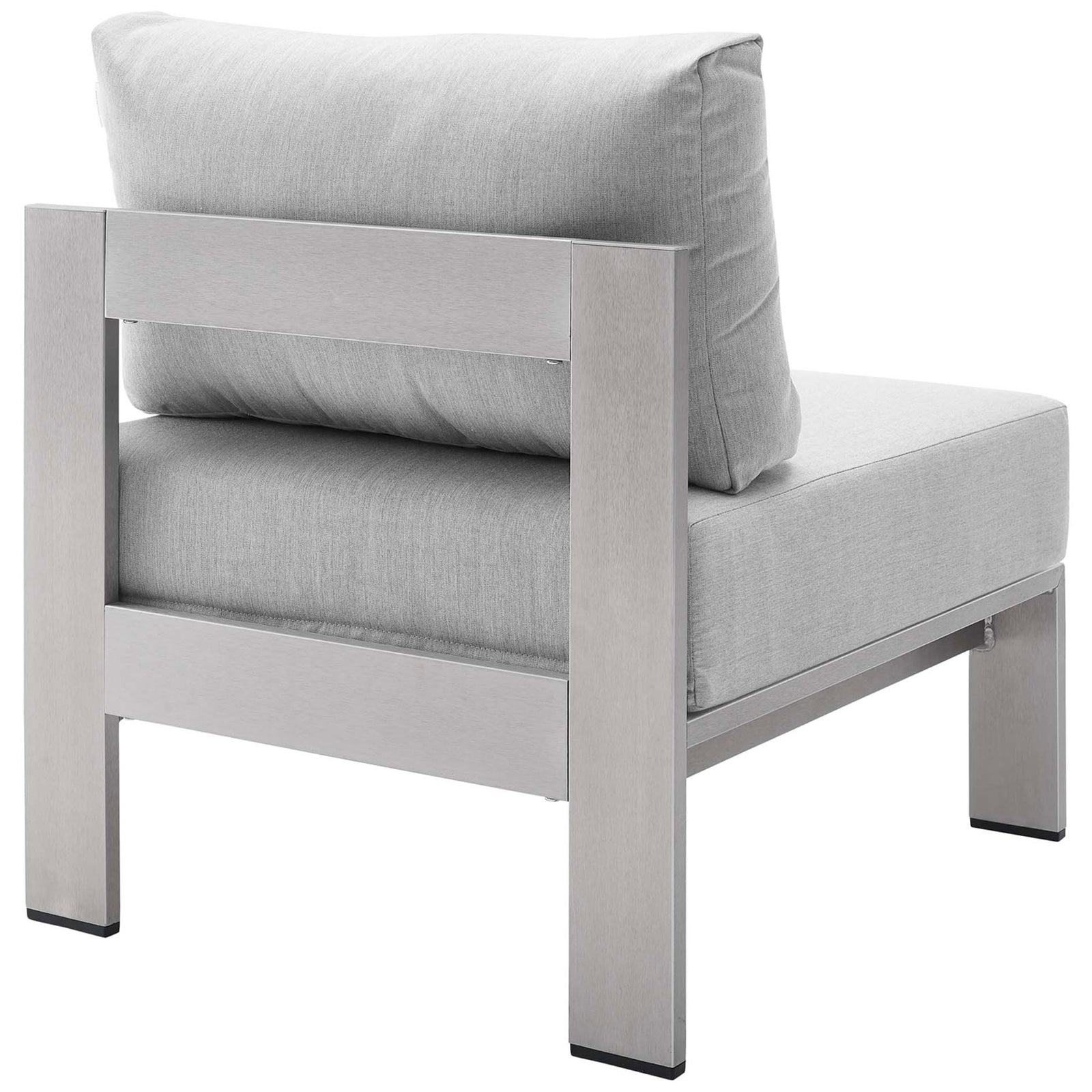 Sturdy back rail and layered cushions show the durable construction of this armless patio piece || EEI-4227-SLV-GRY || back_angle_studio