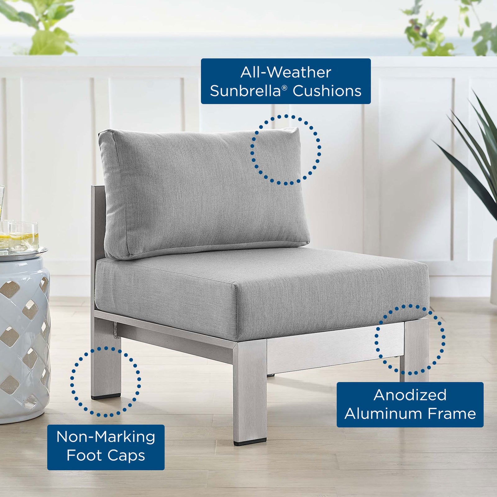 Informational callouts emphasize all-weather Sunbrella(r) cushions, anodized frame, and foot caps || EEI-4227-SLV-GRY || callout_room