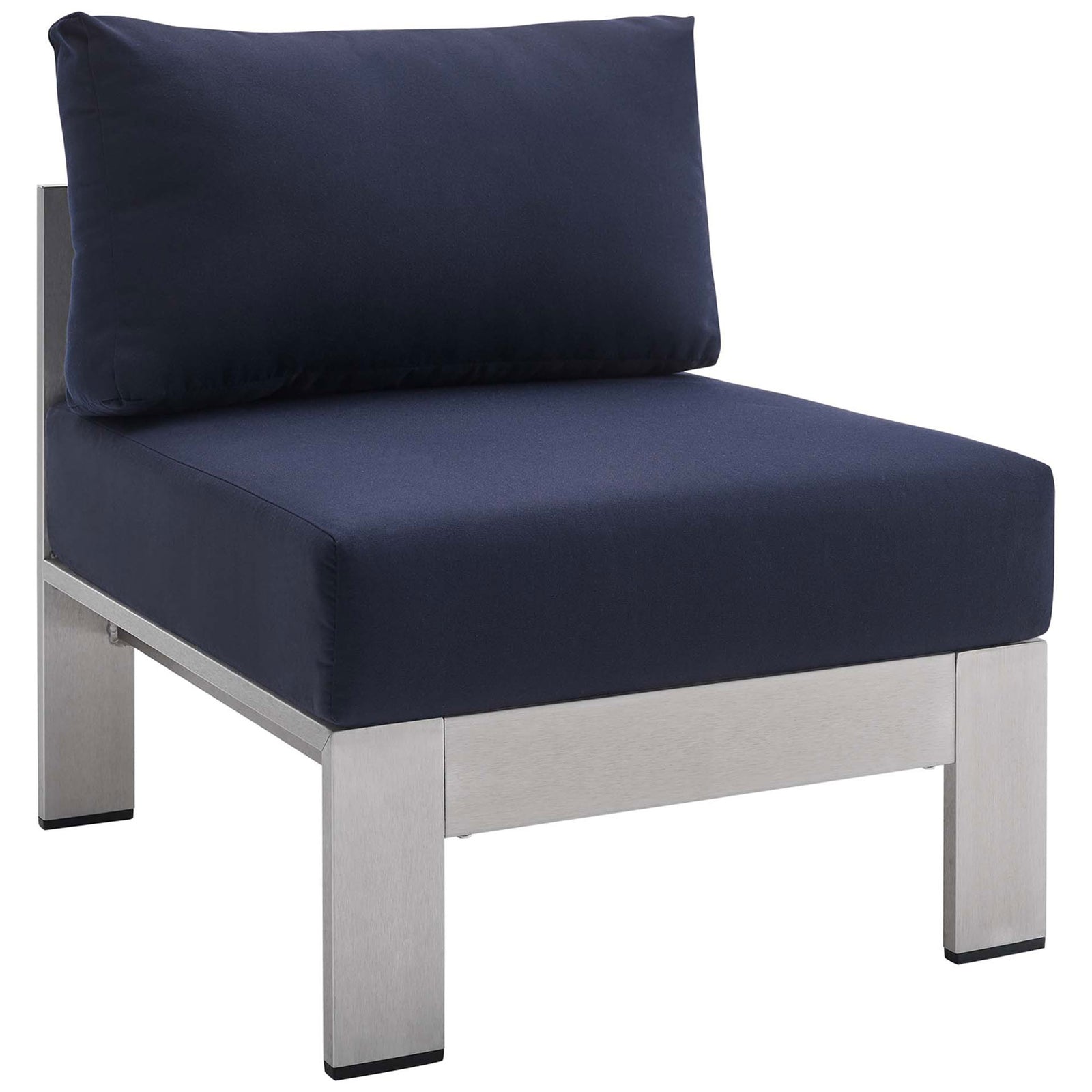 Silver navy Sunbrella(r) armless chair with boxy cushions for versatile outdoor sectionals || EEI-4227-SLV-NAV || front_angle_studio