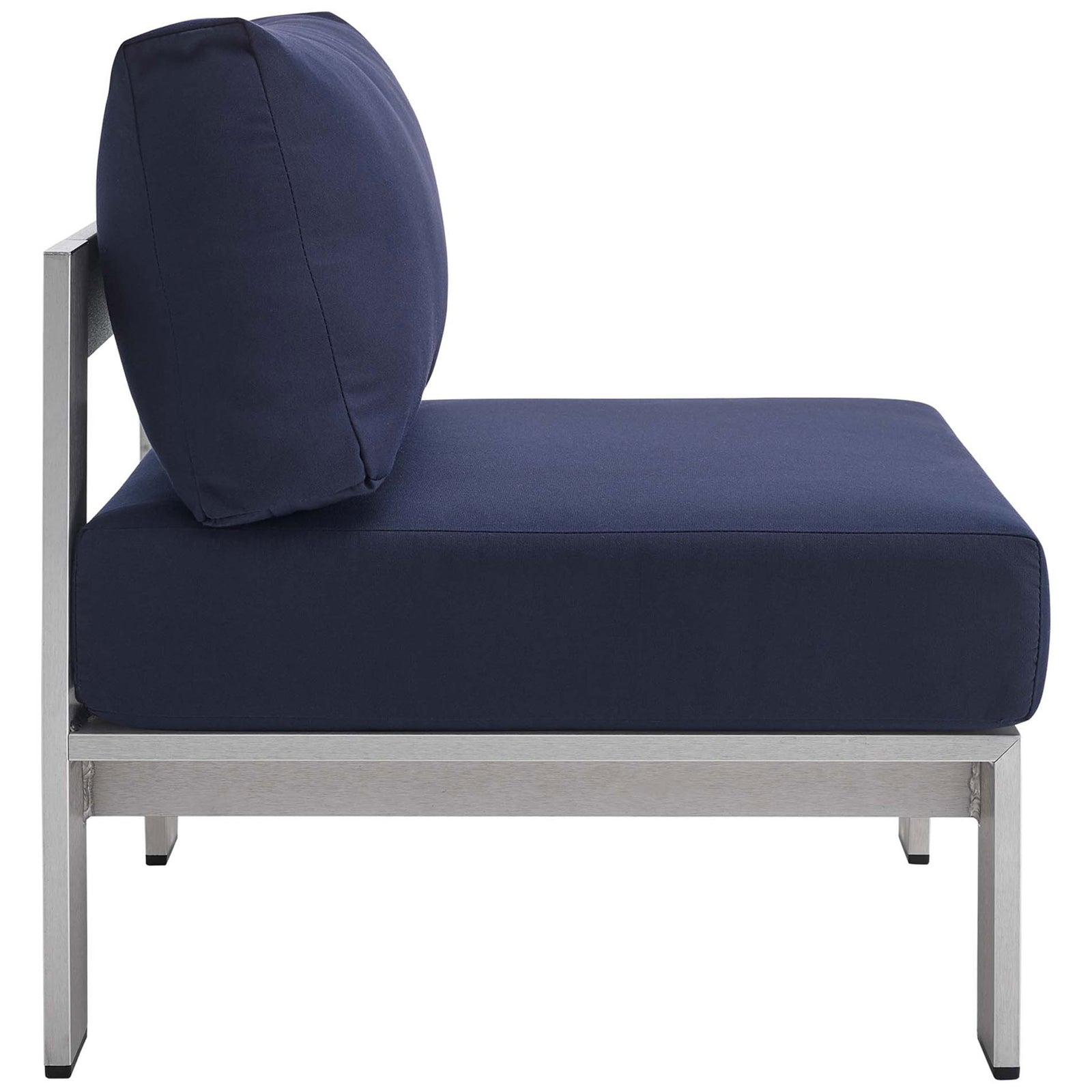 Thick navy Sunbrella(r) seat extends over a slim frame for laidback lounging || EEI-4227-SLV-NAV || side_studio