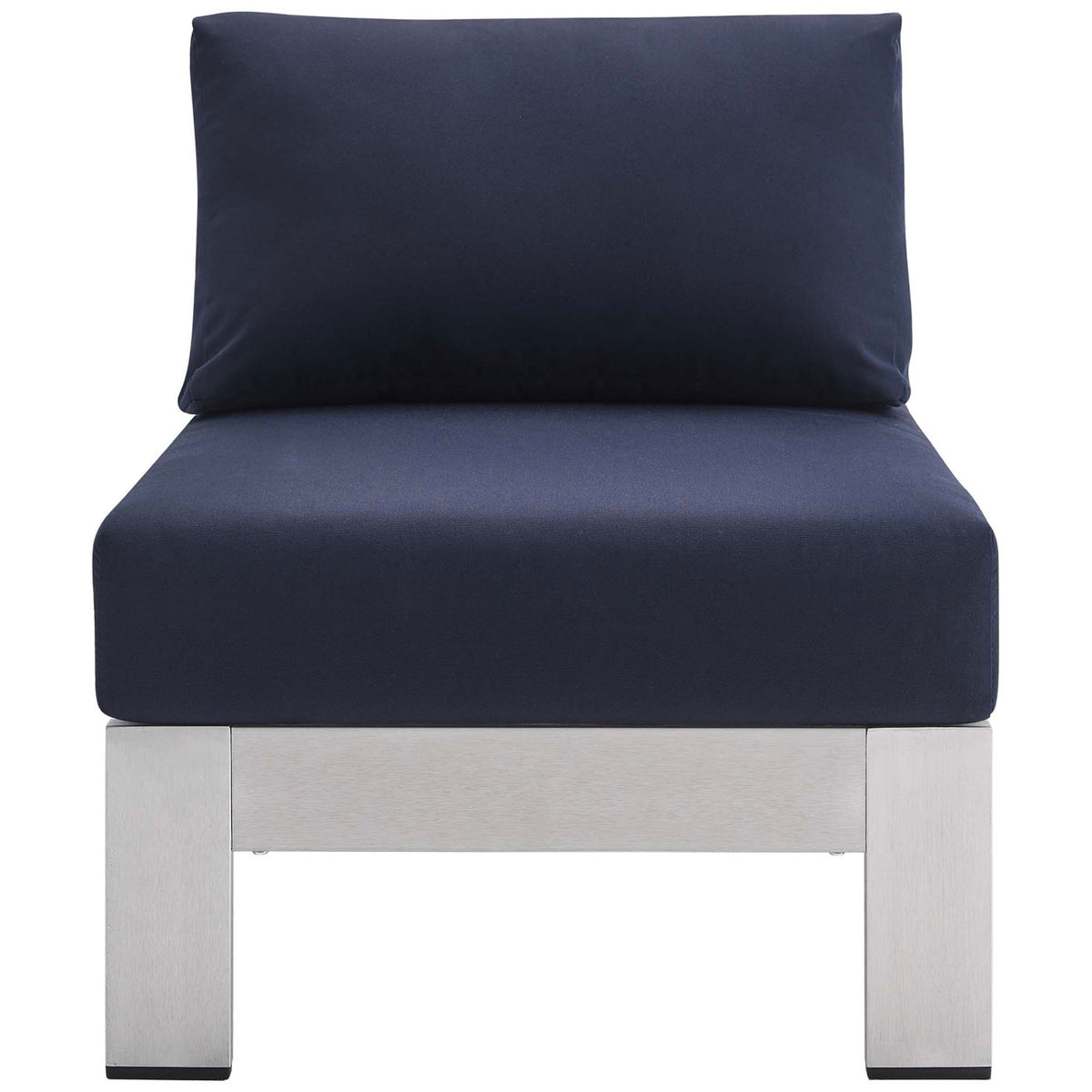 Shore Sunbrella(r) armless chair features a wide navy seat in a crisp, modern profile || EEI-4227-SLV-NAV || front_studio