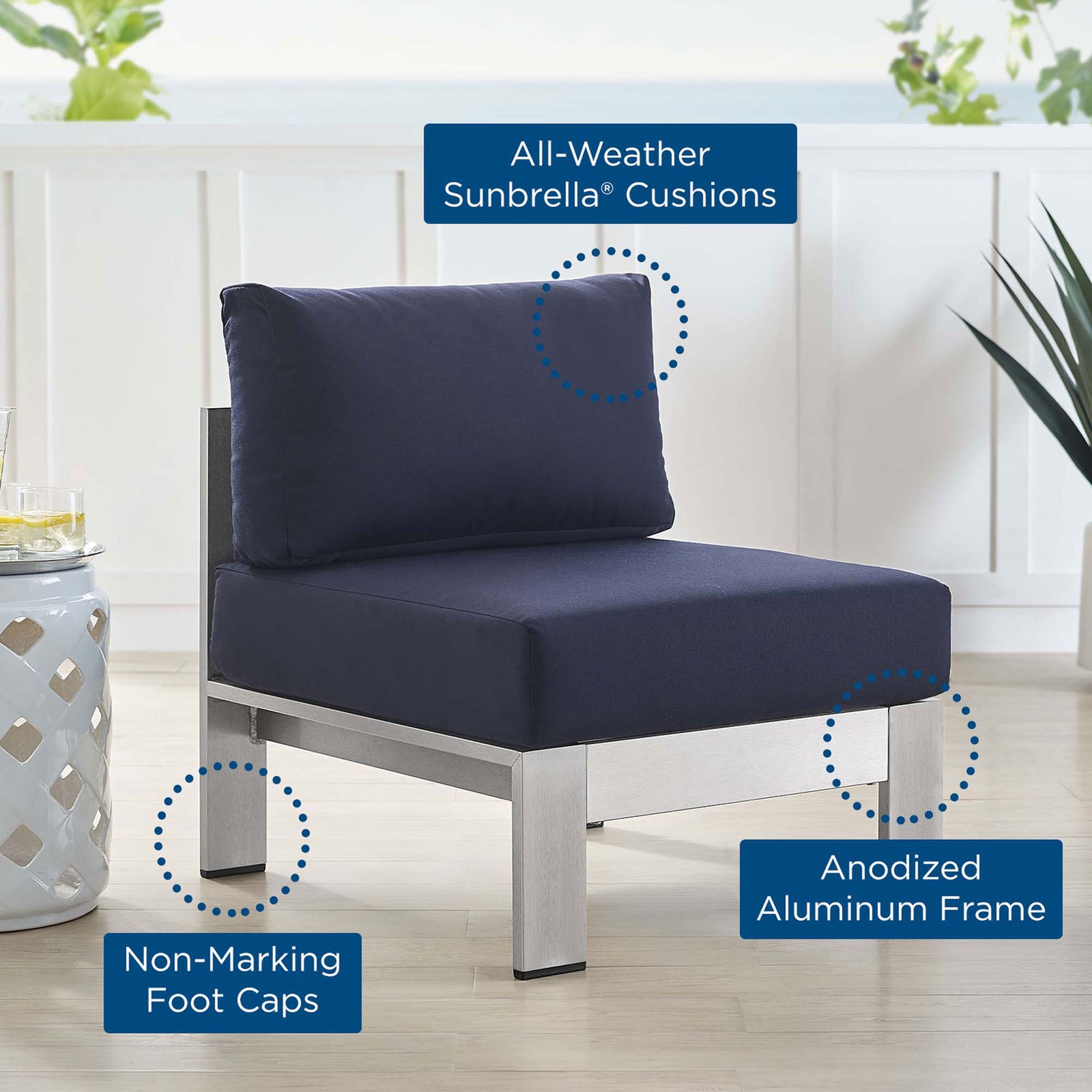 Callouts draw attention to all-weather Sunbrella(r) cushions, anodized frame, and foot caps || EEI-4227-SLV-NAV || callout_room