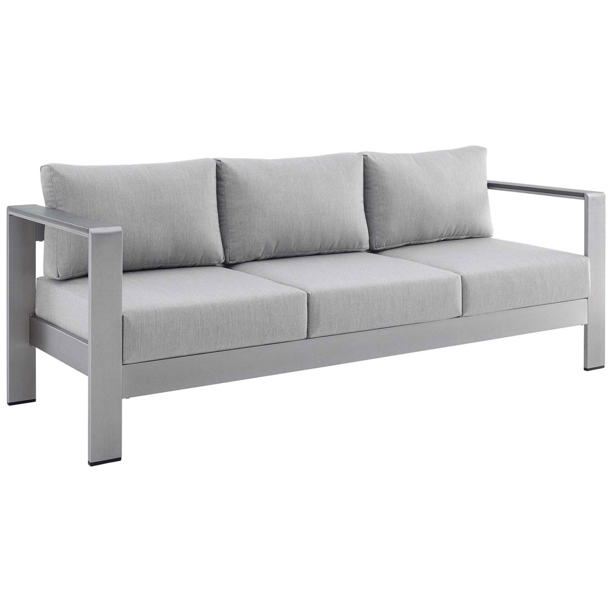 Modern outdoor sofa features dense gray cushions and wide aluminum arms for clean, linear style || EEI-4228-SLV-GRY || front_angle_studio