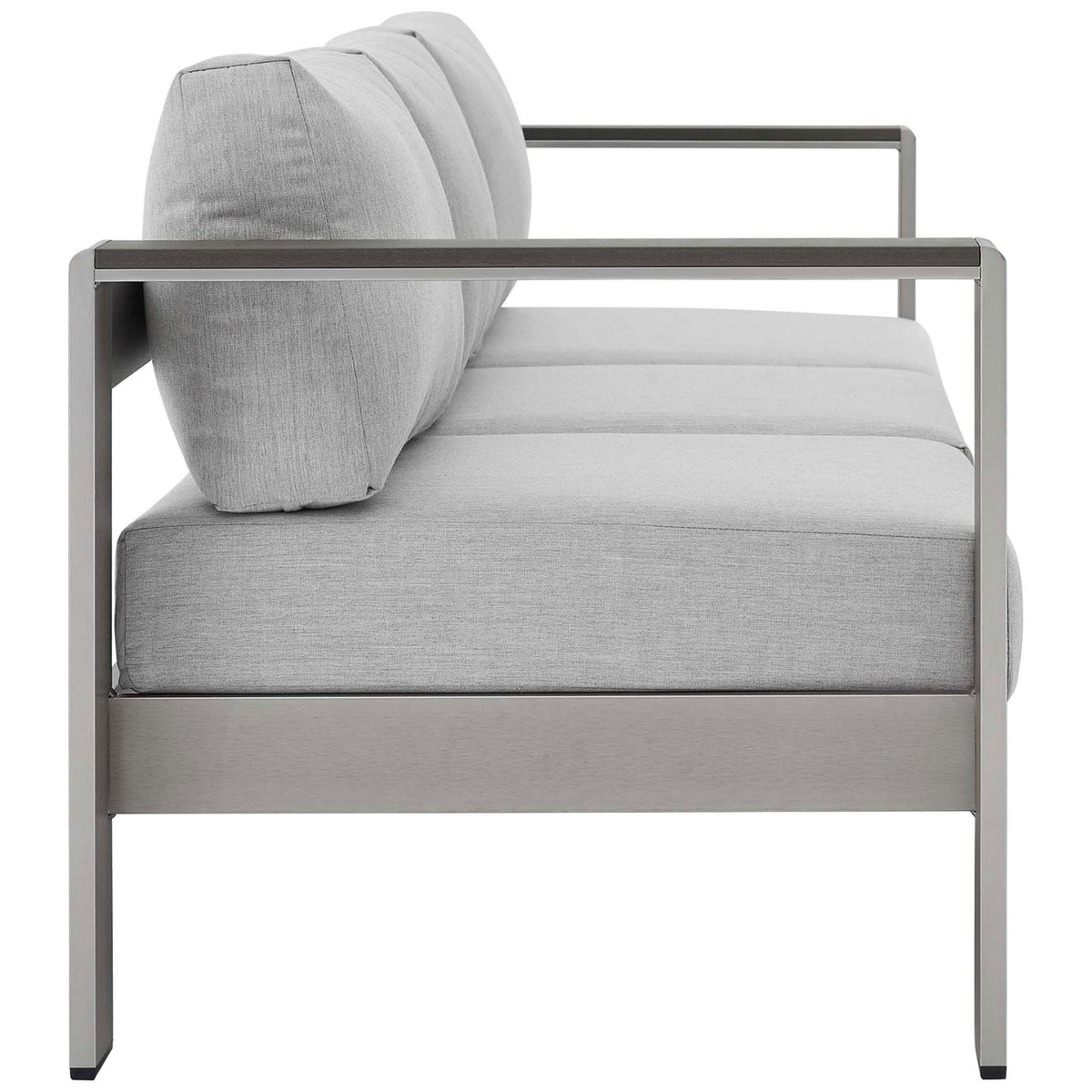 Streamlined design showcases thick gray cushions supported by a sturdy brushed aluminum base || EEI-4228-SLV-GRY || side_studio