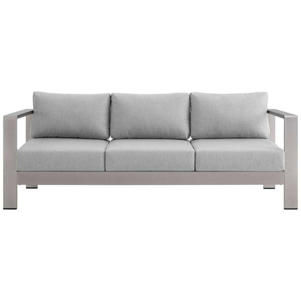 Silver gray Sunbrella sofa with three plush cushions and a sleek anodized aluminum frame || EEI-4228-SLV-GRY || front_studio