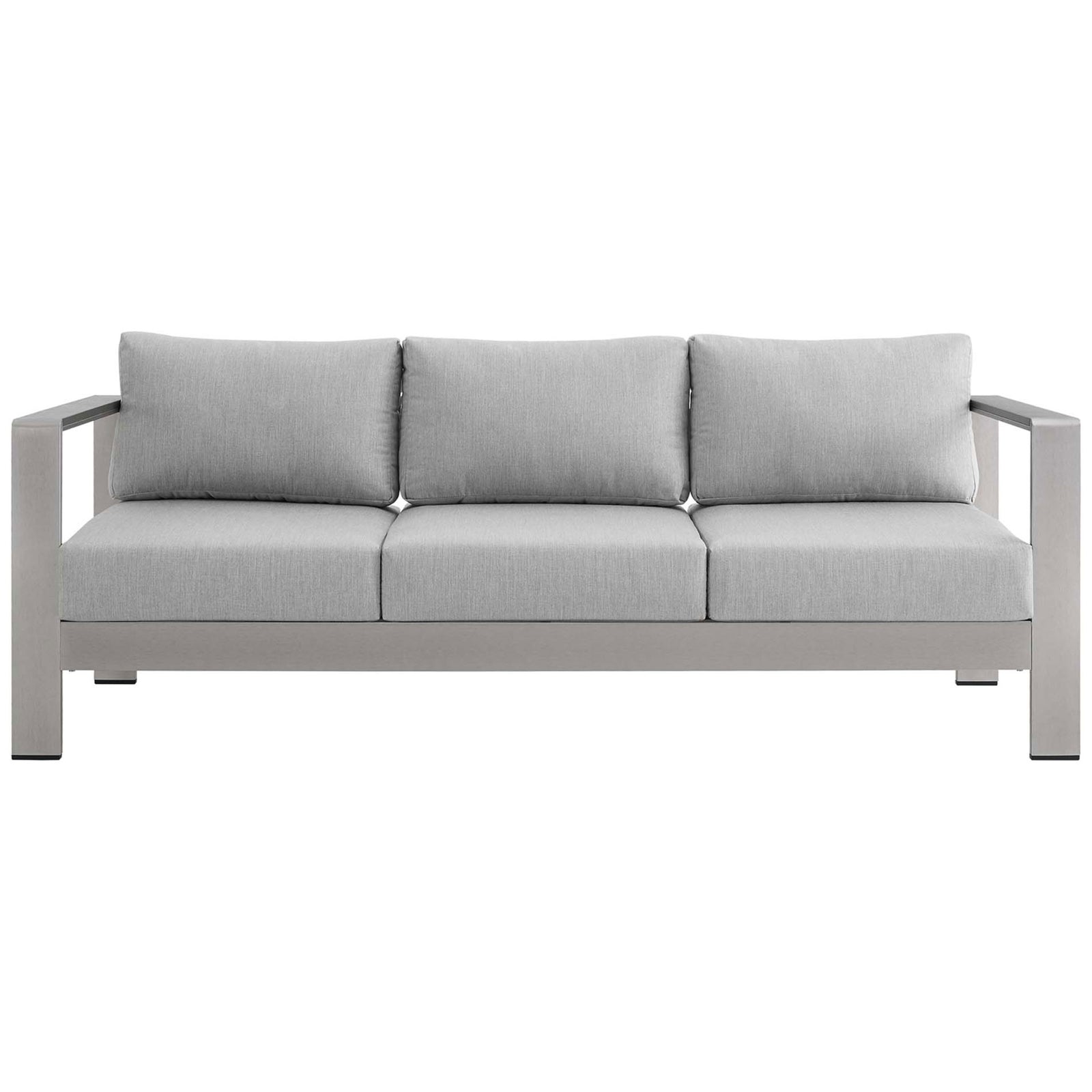 Silver gray Sunbrella sofa with three plush cushions and a sleek anodized aluminum frame || EEI-4228-SLV-GRY || front_studio