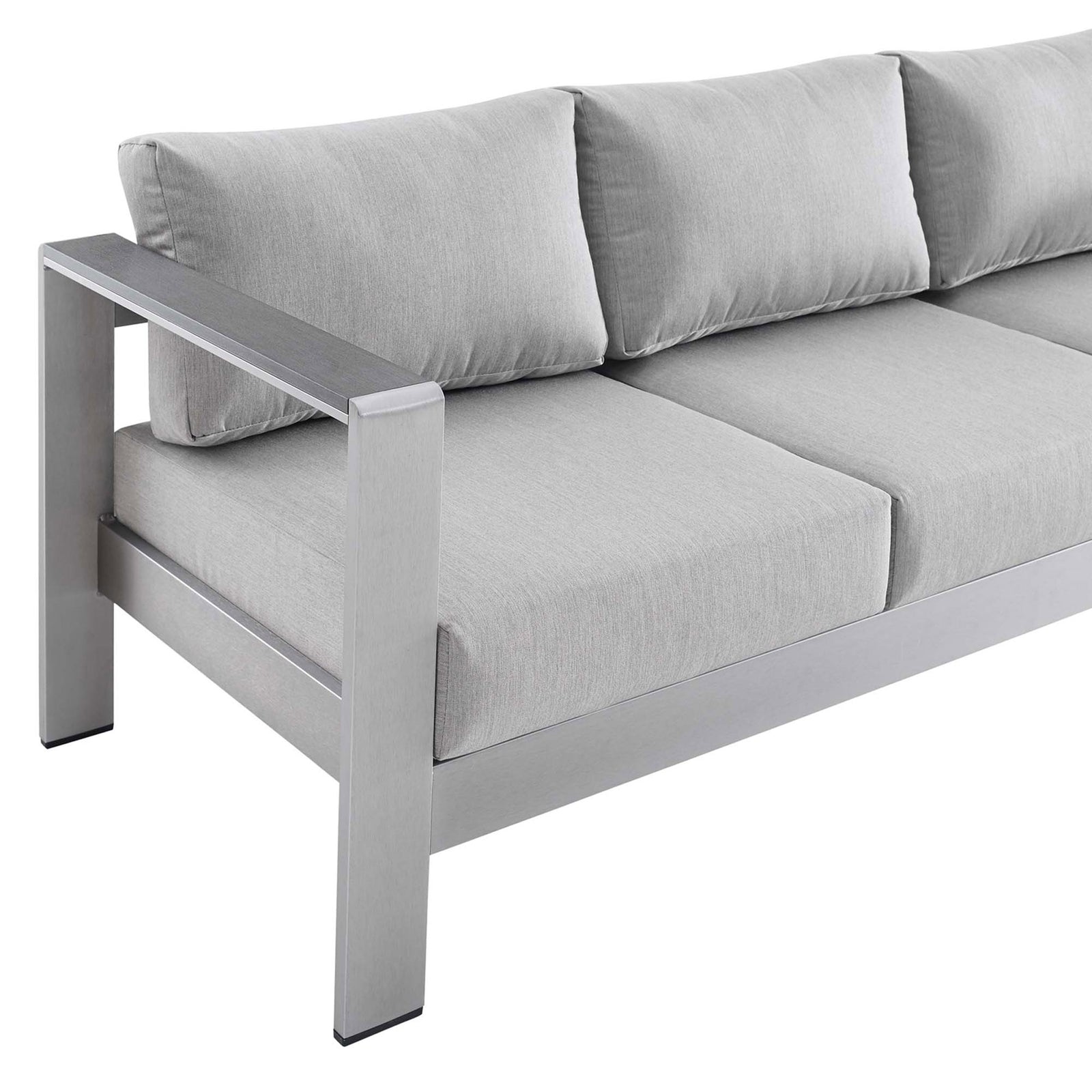 Wide metal armrest pairs with boxy gray cushions for durable, modern outdoor comfort || EEI-4228-SLV-GRY || detail_studio