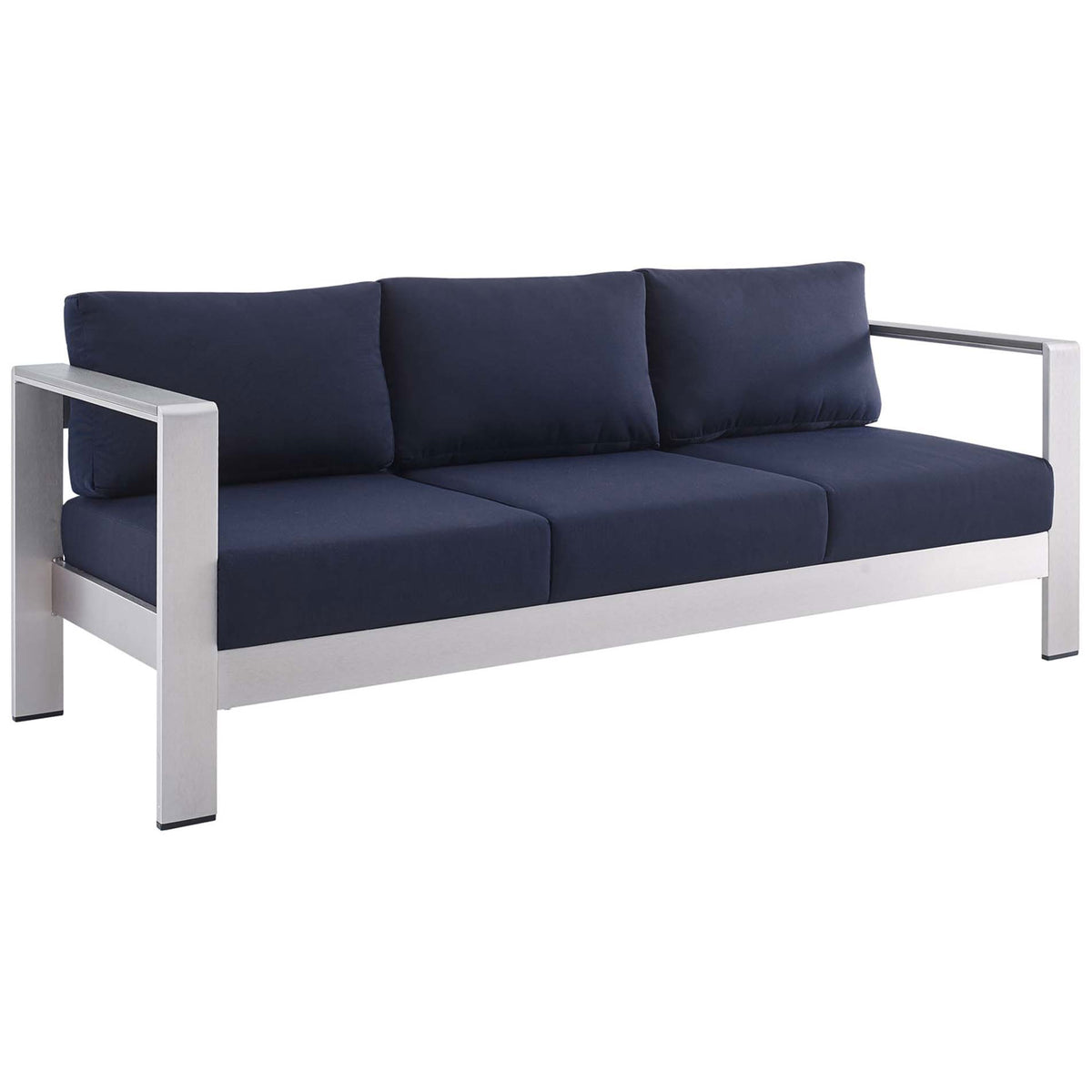 Modern outdoor sofa features deep navy cushions and bold square aluminum arms || EEI-4228-SLV-NAV || front_angle_studio