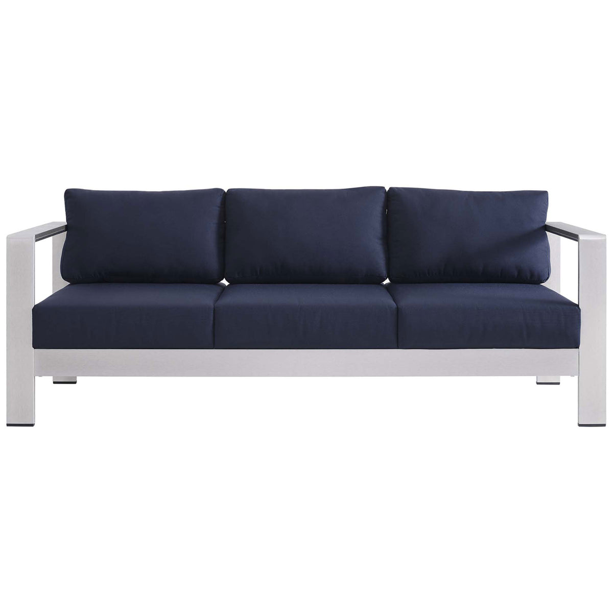 Silver navy Sunbrella sofa with three plush cushions and a sleek anodized aluminum frame || EEI-4228-SLV-NAV || front_studio