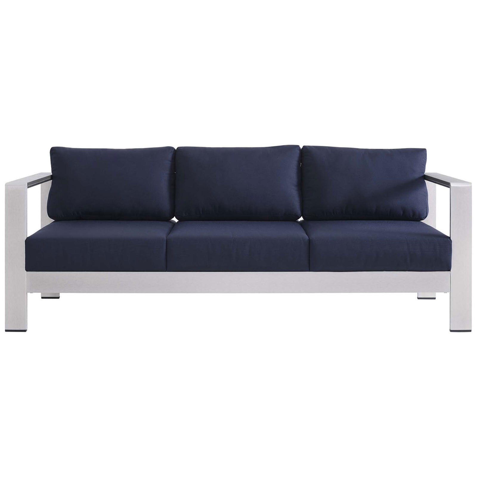 Silver navy Sunbrella sofa with three plush cushions and a sleek anodized aluminum frame || EEI-4228-SLV-NAV || front_studio