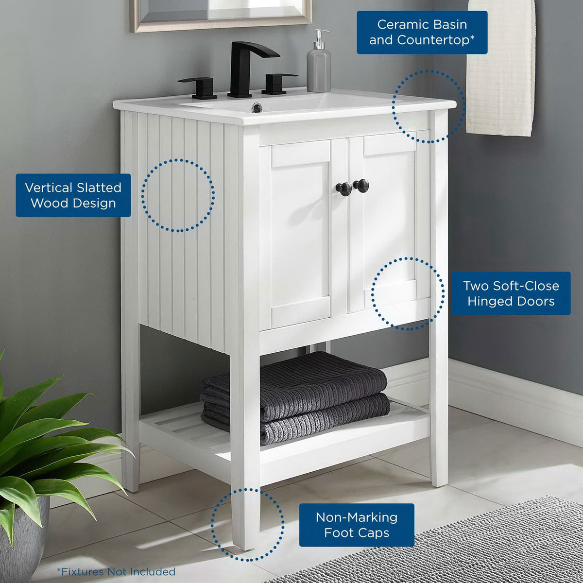 Ceramic basin, soft-close doors, slatted shelf, and non-marking foot caps for everyday ease || EEI-4246-WHI-WHI || callout_room