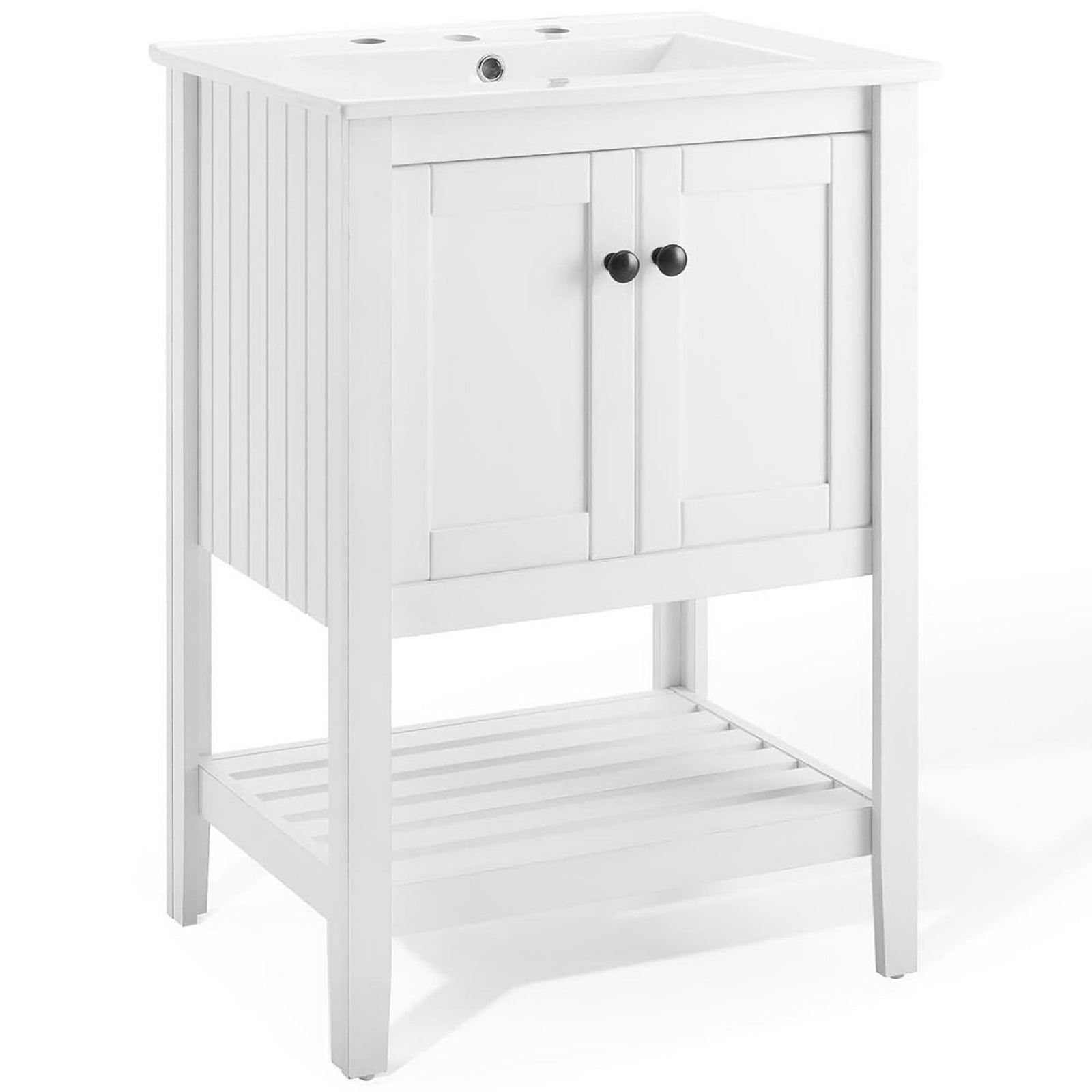 Crisp white vanity with slatted sides, double doors, and an open shelf for towels || EEI-4246-WHI-WHI || front_angle_studio