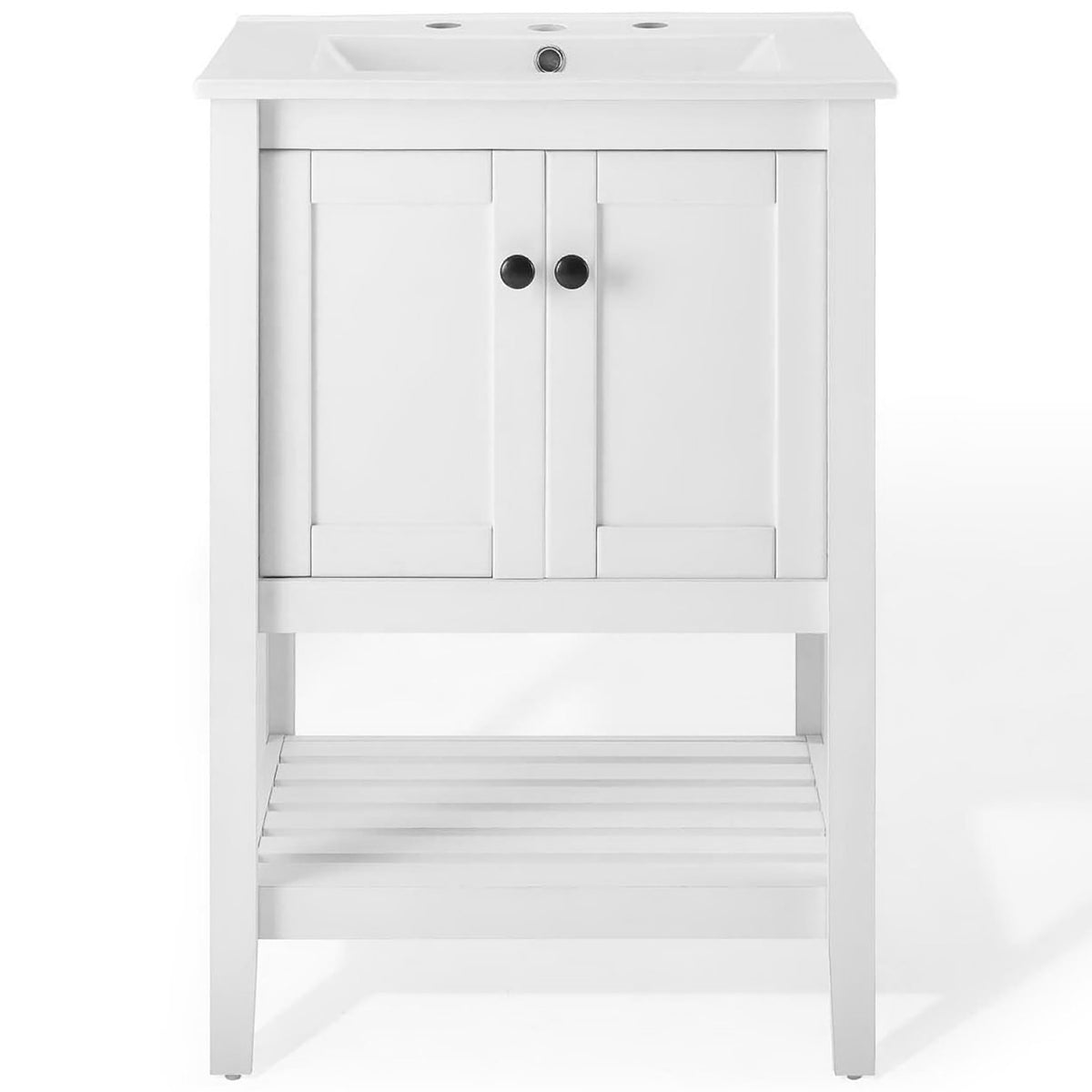 Clean-lined vanity with paneled double doors and an integrated ceramic sink || EEI-4246-WHI-WHI || front_studio
