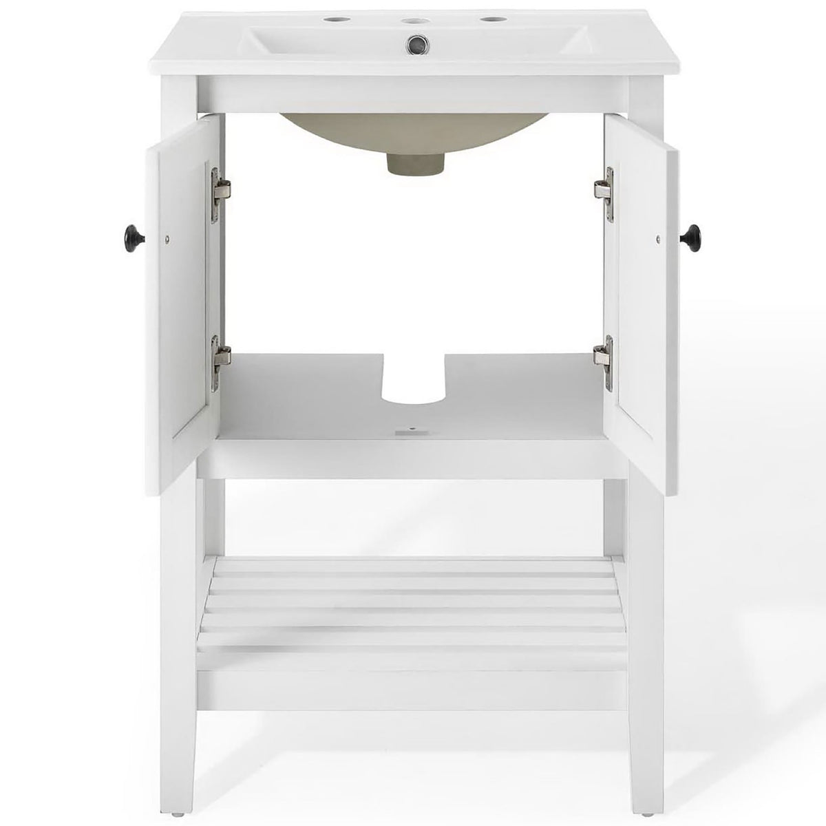 Spacious interior storage with soft-close doors and an open slatted shelf below || EEI-4246-WHI-WHI || front_open_studio