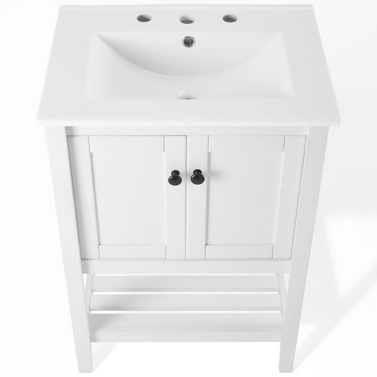 Gently curved basin with three faucet holes and a broad, easy-clean countertop || EEI-4246-WHI-WHI || top_studio
