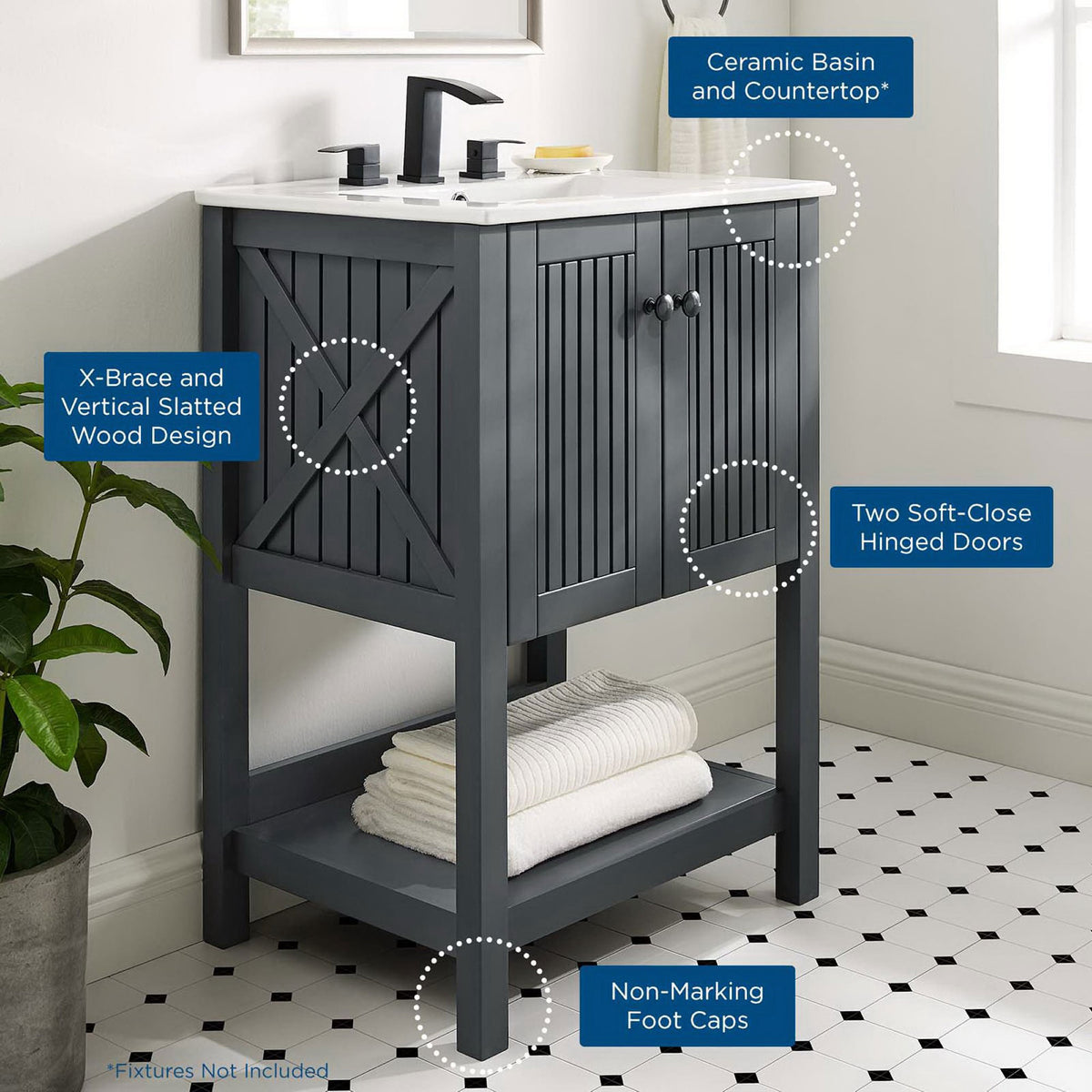 Feature callouts highlight the ceramic top, soft-close doors, X-brace sides, and protective foot caps || EEI-4248-GRY-WHI || callout_room