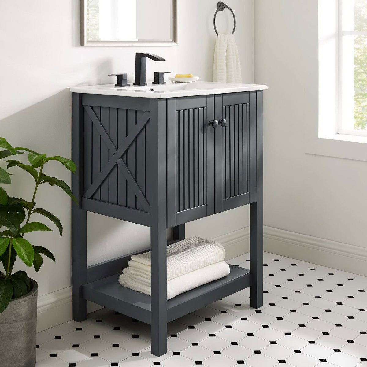 Elevate your bath with a space-saving vanity featuring slatted doors, open shelf, and glossy ceramic top || EEI-4248-GRY-WHI || front_angle_room