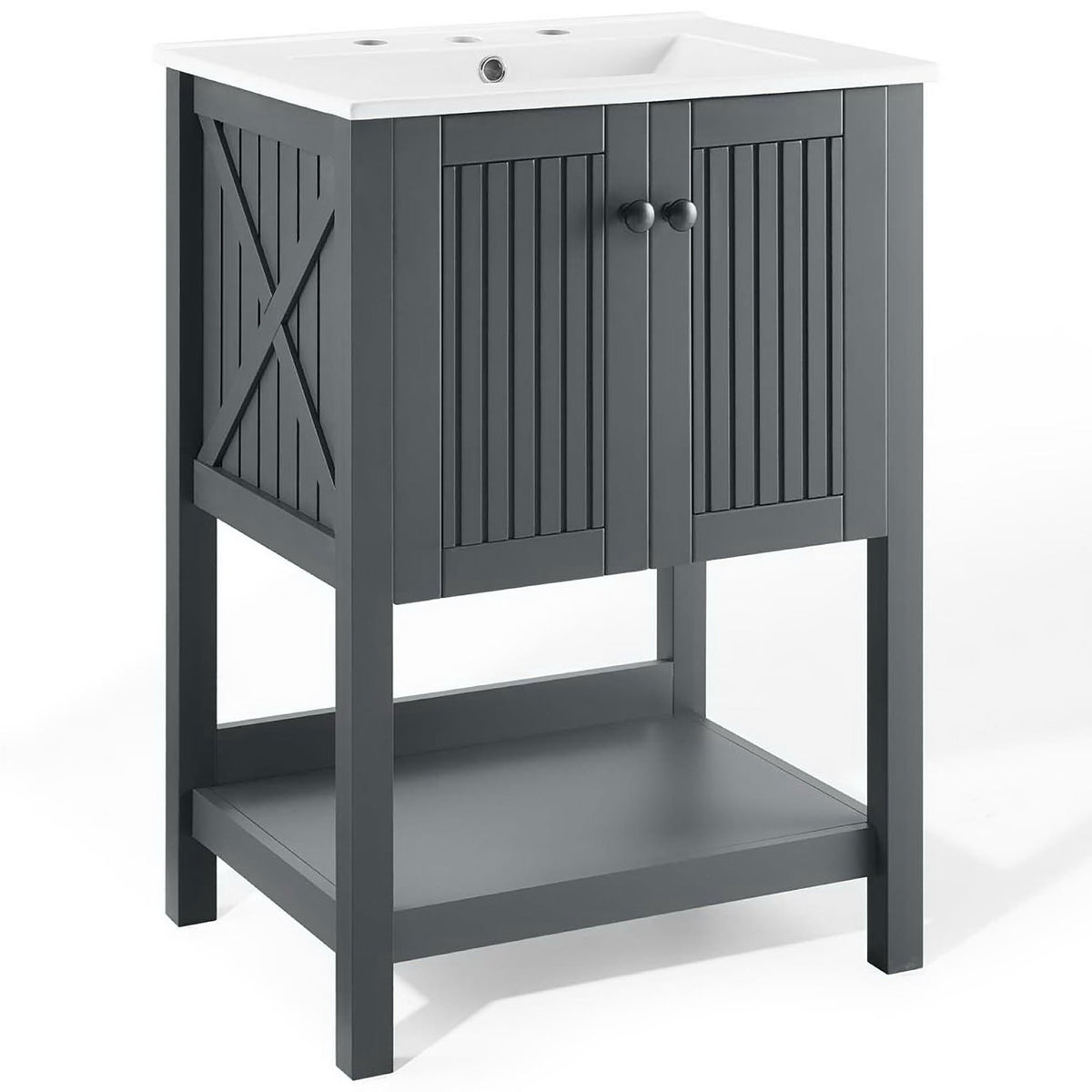 X-brace sides and vertical slats bring rustic charm to this gray vanity with integrated sink || EEI-4248-GRY-WHI || front_angle_studio