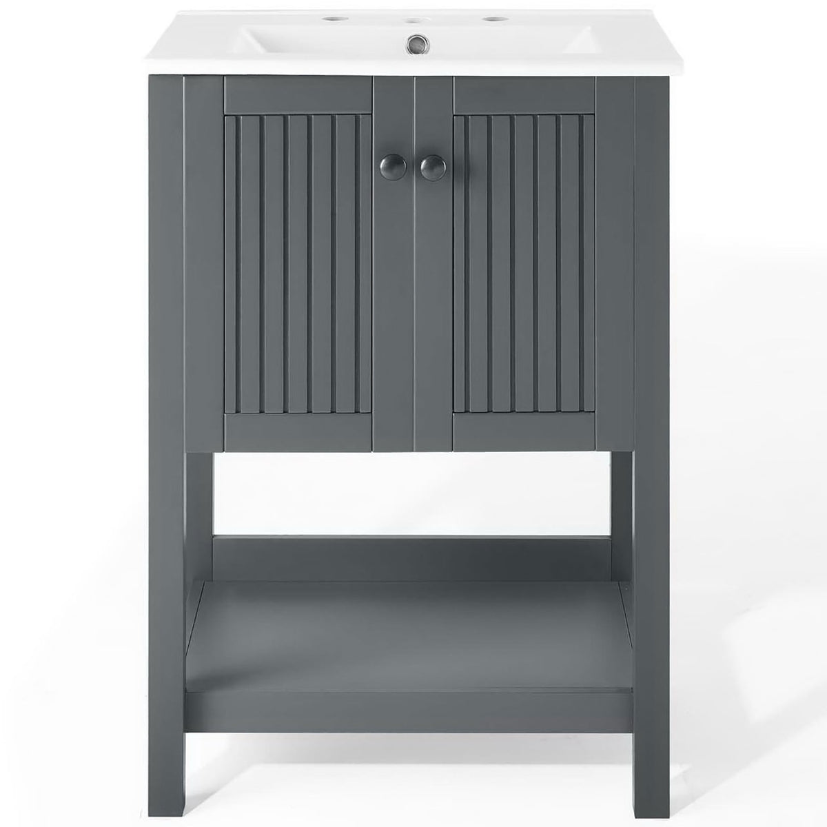Compact 24-inch vanity with slatted double doors and open shelf, topped by a crisp white ceramic basin || EEI-4248-GRY-WHI || front_studio