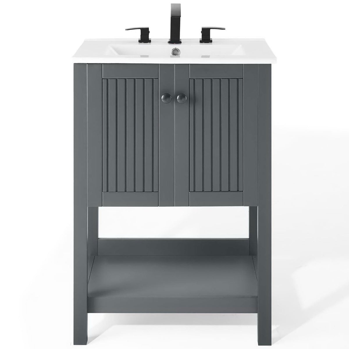 Farmhouse vanity pairs a sleek white sink with a gray slatted cabinet and airy lower shelf || EEI-4248-GRY-WHI || front_studio