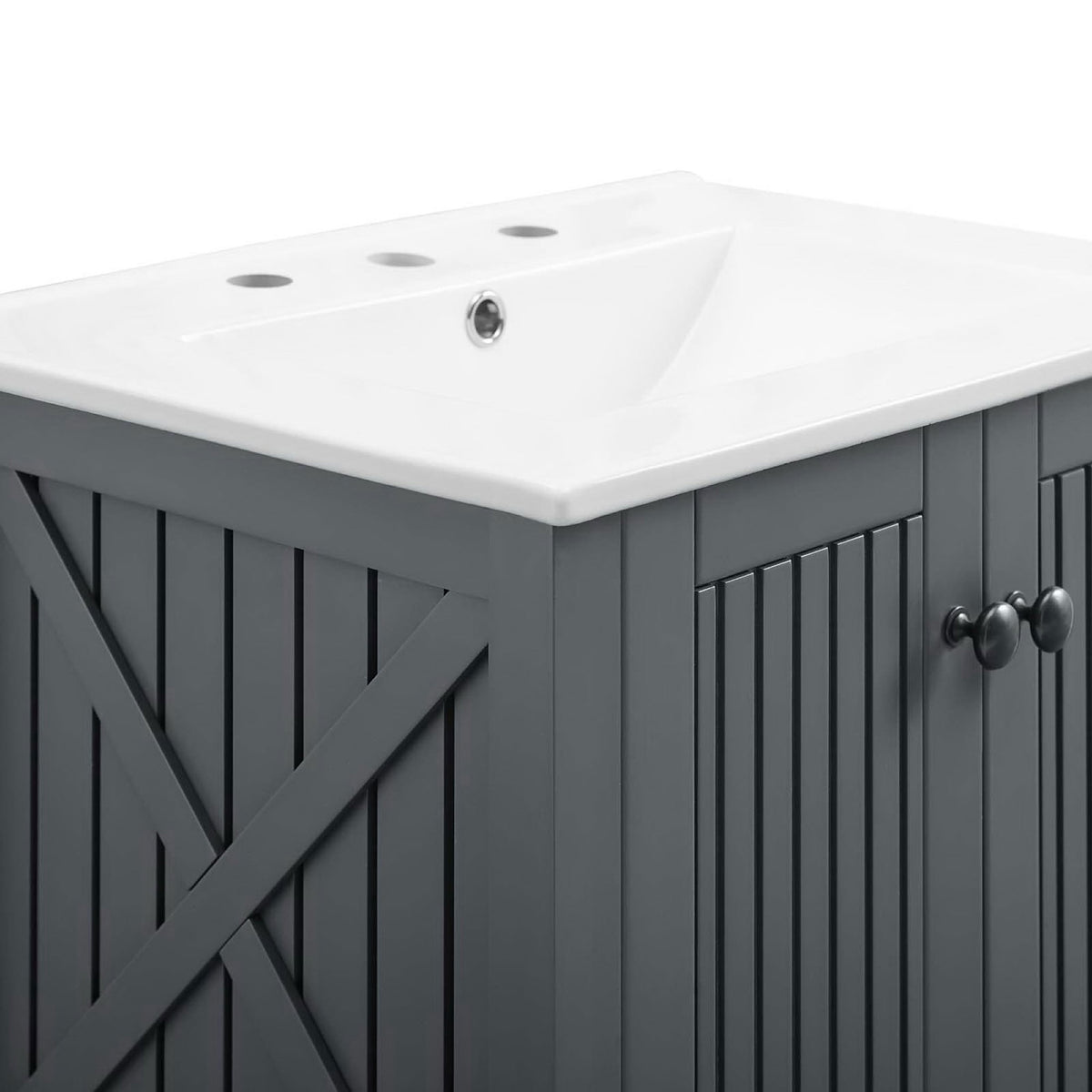 Crisp ceramic top meets vertical slatted doors and X-brace trim for a refined farmhouse look || EEI-4248-GRY-WHI || detail_studio