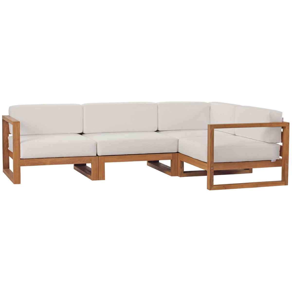 Teak 4-piece outdoor sectional with modular seating and crisp natural white cushions || EEI-4253-NAT-WHI-SET || front_angle_studio