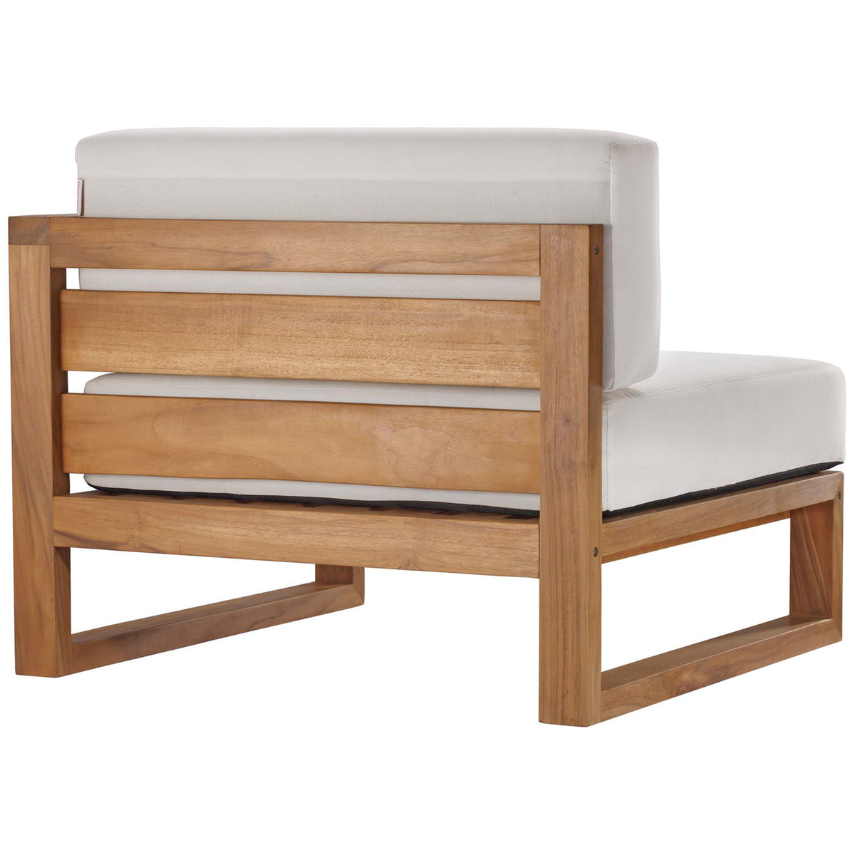 Right-arm chair with slatted teak backrest and sturdy modern frame detailing || EEI-4253-NAT-WHI-SET || back_angle_partial_studio