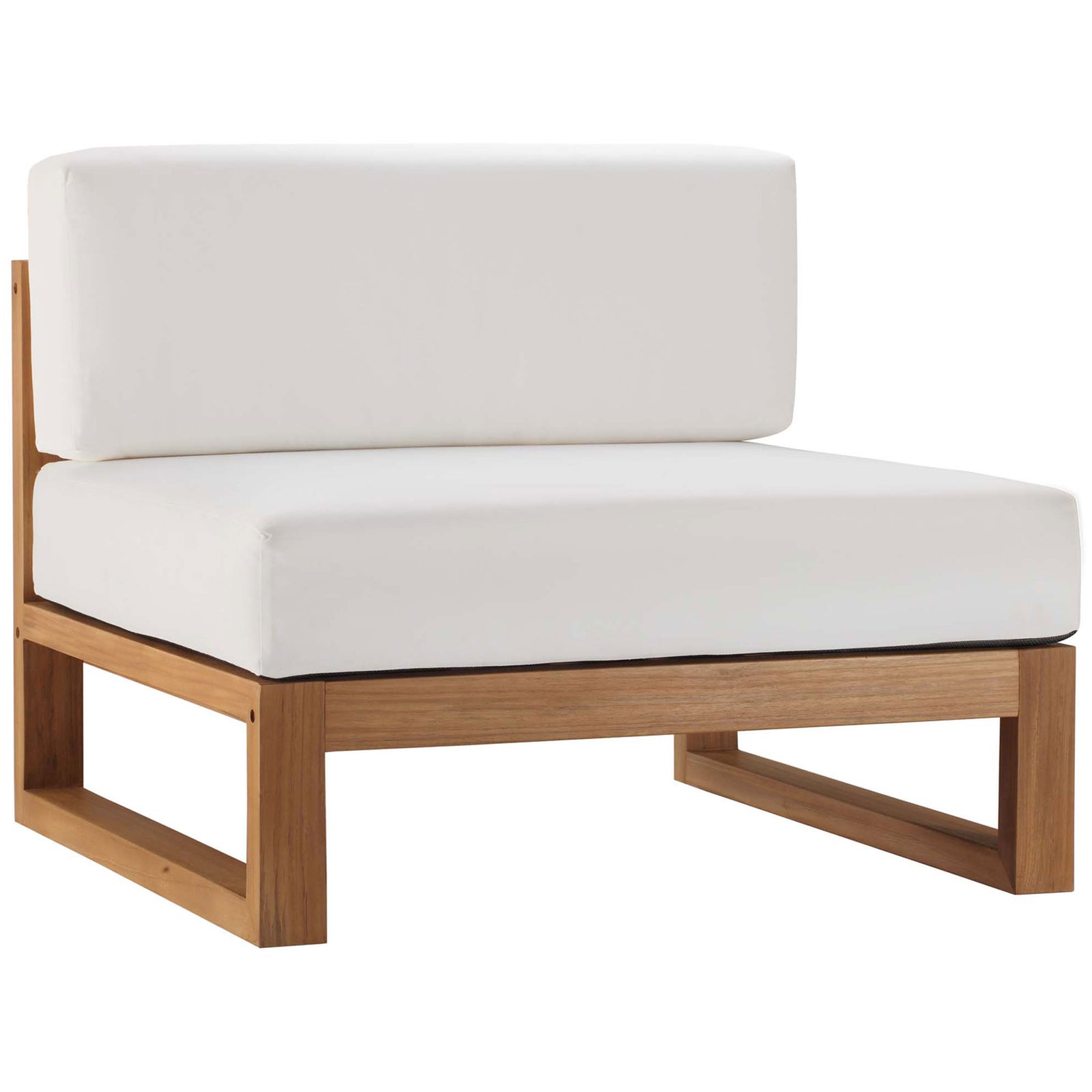 Armless teak sectional chair with deep seat and tailored natural white cushions || EEI-4253-NAT-WHI-SET || front_angle_partial_studio
