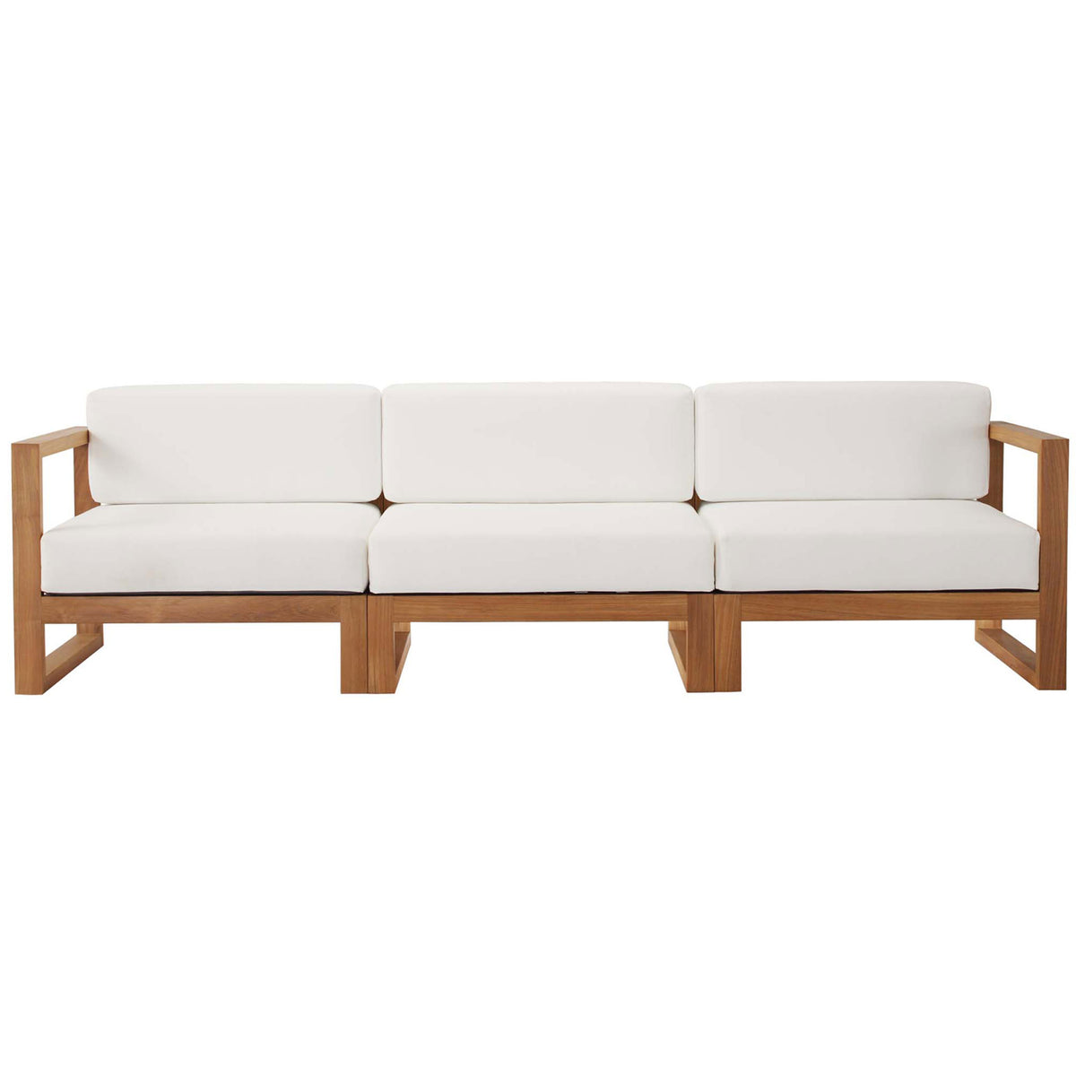 Teak outdoor sectional sofa with three thick white cushions for sleek modern lounging || EEI-4254-NAT-WHI-SET || front_studio