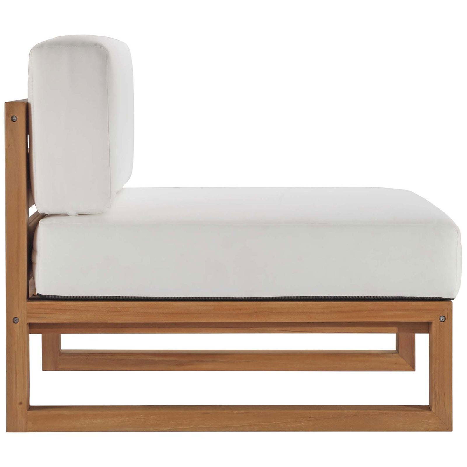 Armless teak module with low profile frame and generous white seat cushion || EEI-4254-NAT-WHI-SET || side_partial_studio