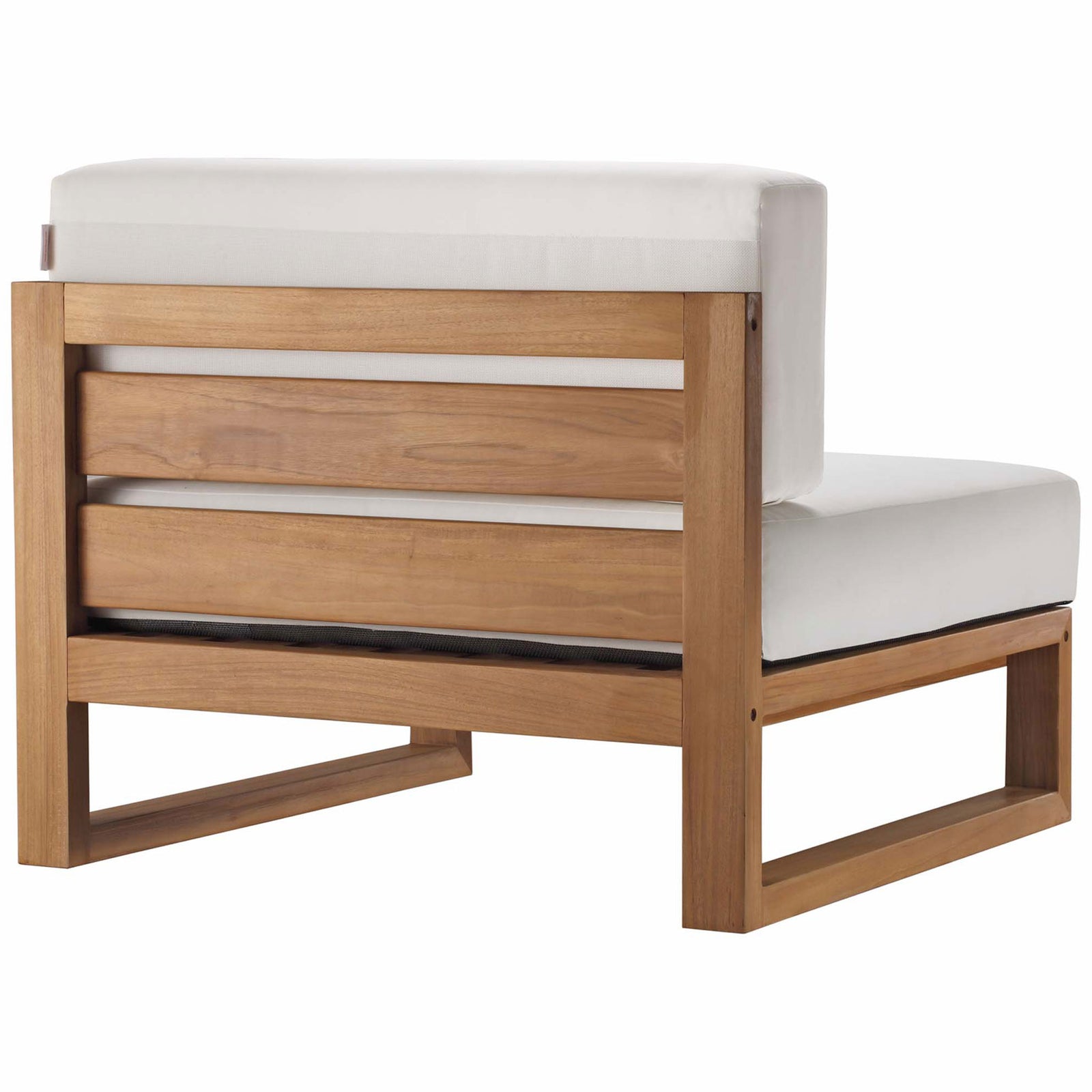 Armless teak module featuring horizontal back slats and durable outdoor cushion || EEI-4254-NAT-WHI-SET || back_angle_partial_studio