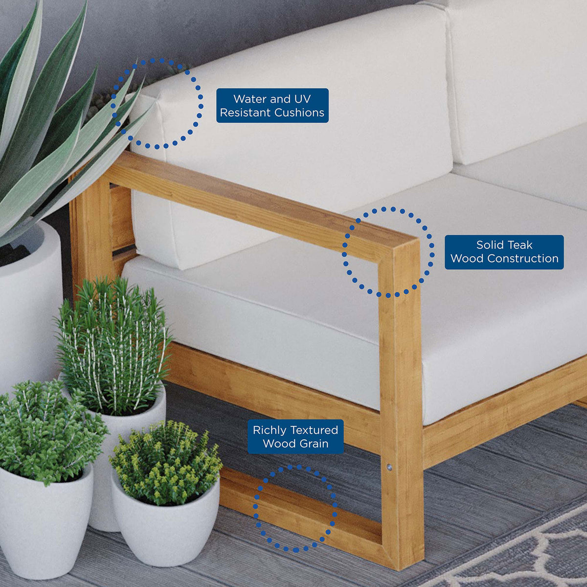 Teak arm and white cushions surrounded by planters for inviting outdoor comfort || EEI-4254-NAT-WHI-SET || callout_room