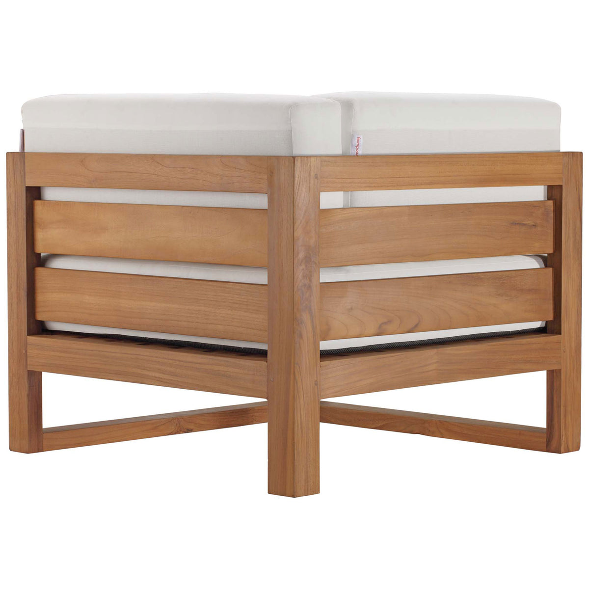 Corner chair showcasing double slatted teak back panels and strong cross-braced legs || EEI-4255-NAT-WHI-SET || back_angle_partial_studio