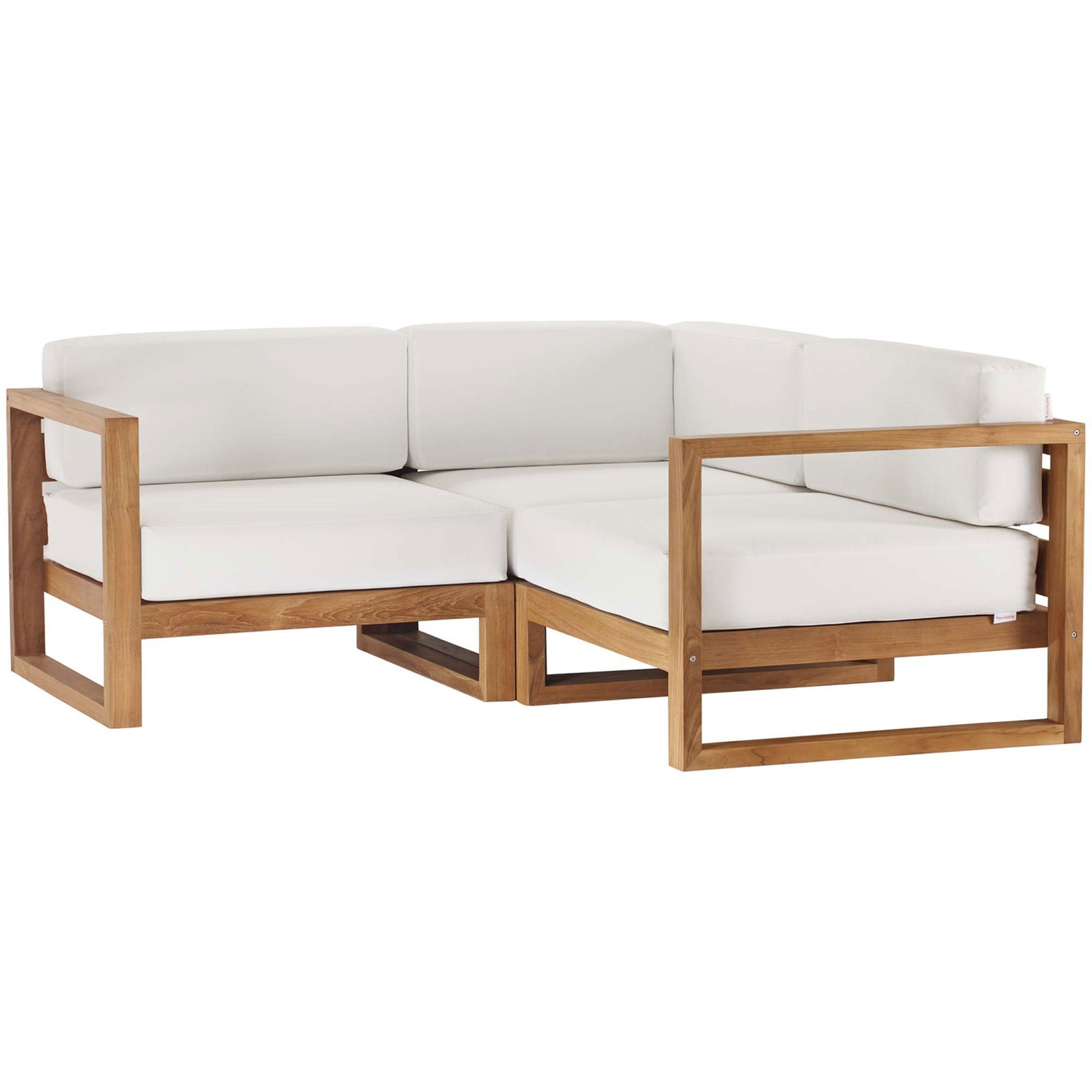 Teak 3-piece outdoor sectional with thick natural white cushions for modern patio lounging || EEI-4255-NAT-WHI-SET || front_angle_studio